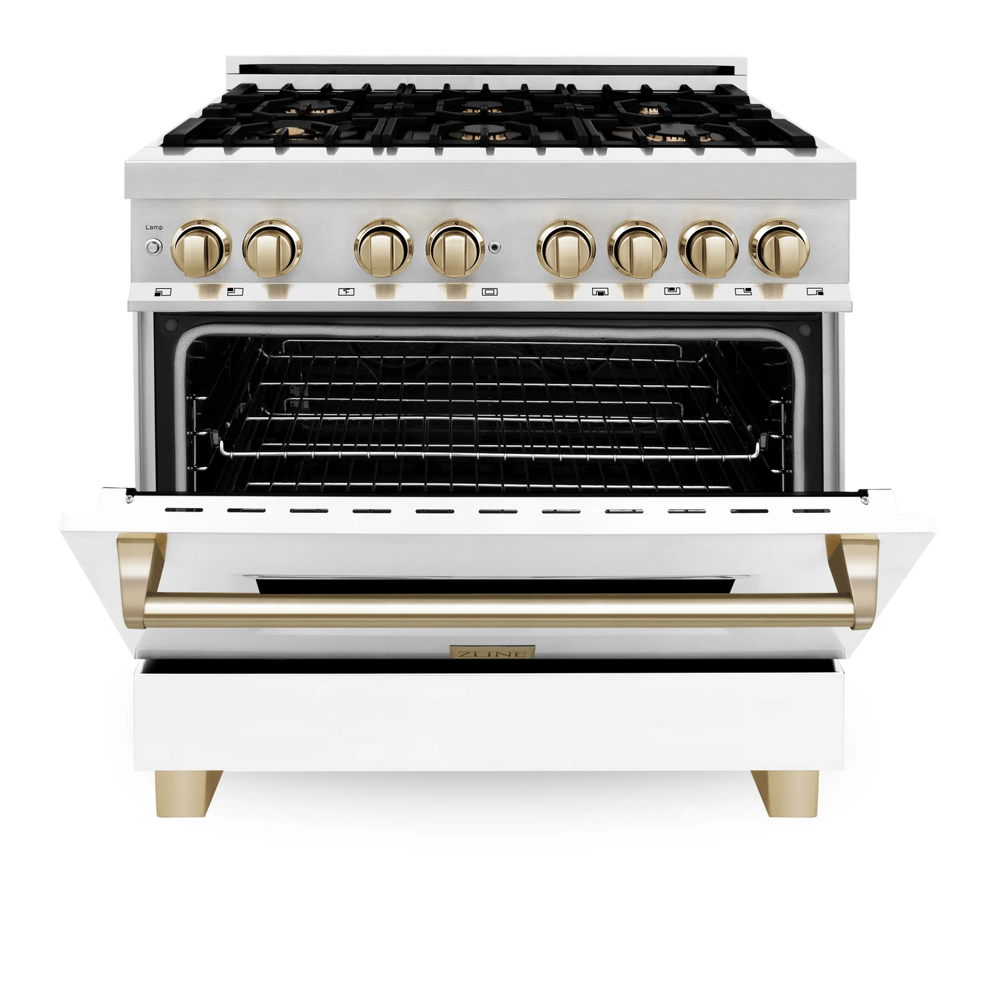 ZLINE Autograph Edition 36" Stainless Steel 6 Burner Dual Fuel Range With White Matte Door, Gold Accents and 4.6 cu. ft. Electric Oven