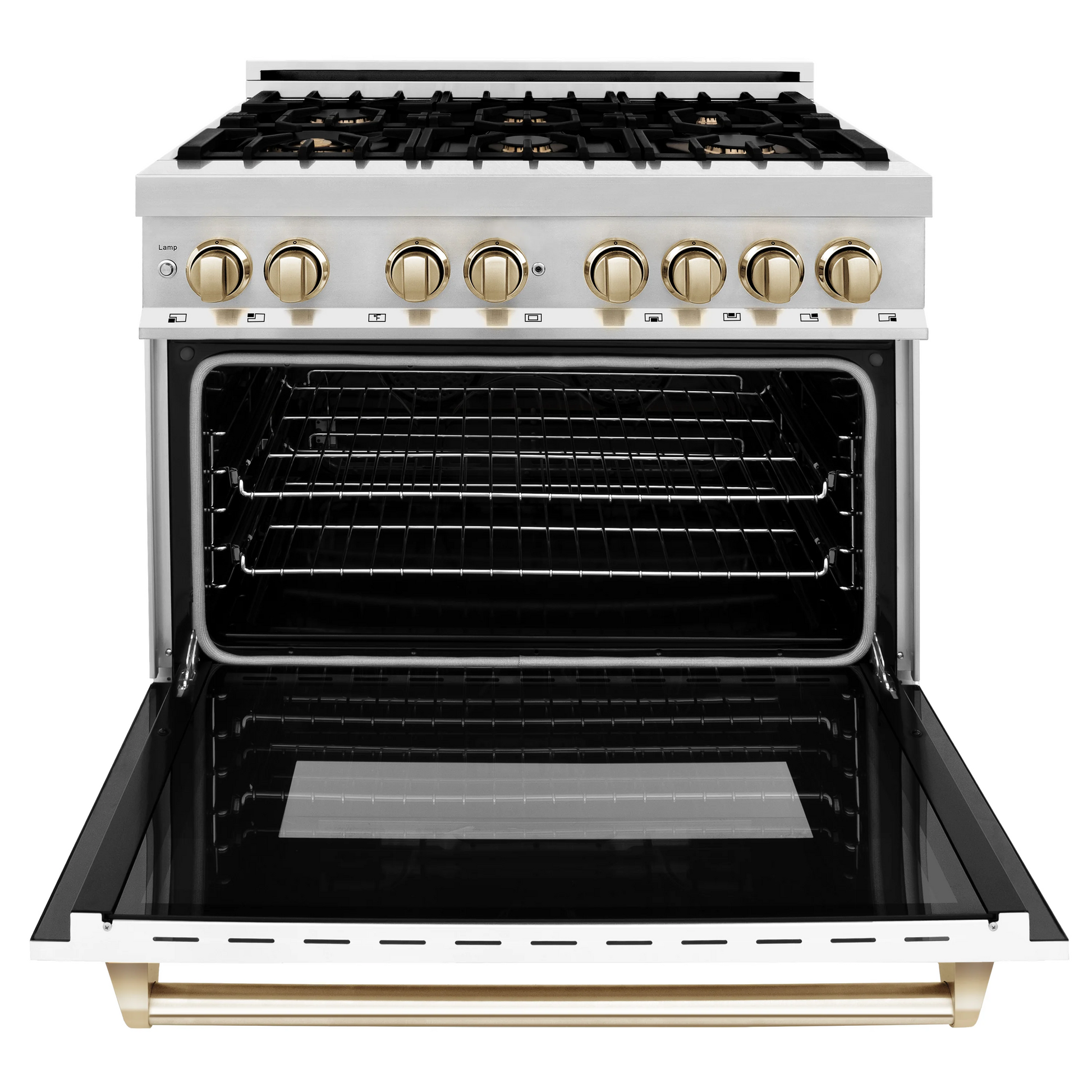 ZLINE Autograph Edition 36" Stainless Steel 6 Burner Dual Fuel Range With White Matte Door, Gold Accents and 4.6 cu. ft. Electric Oven