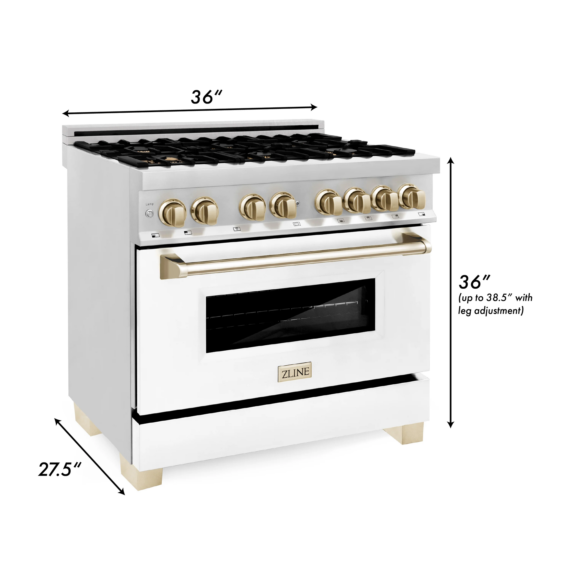 ZLINE Autograph Edition 36" Stainless Steel 6 Burner Dual Fuel Range With White Matte Door, Gold Accents and 4.6 cu. ft. Electric Oven