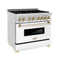 ZLINE Autograph Edition 36" Stainless Steel 6 Burner Dual Fuel Range With White Matte Door, Gold Accents and 4.6 cu. ft. Electric Oven
