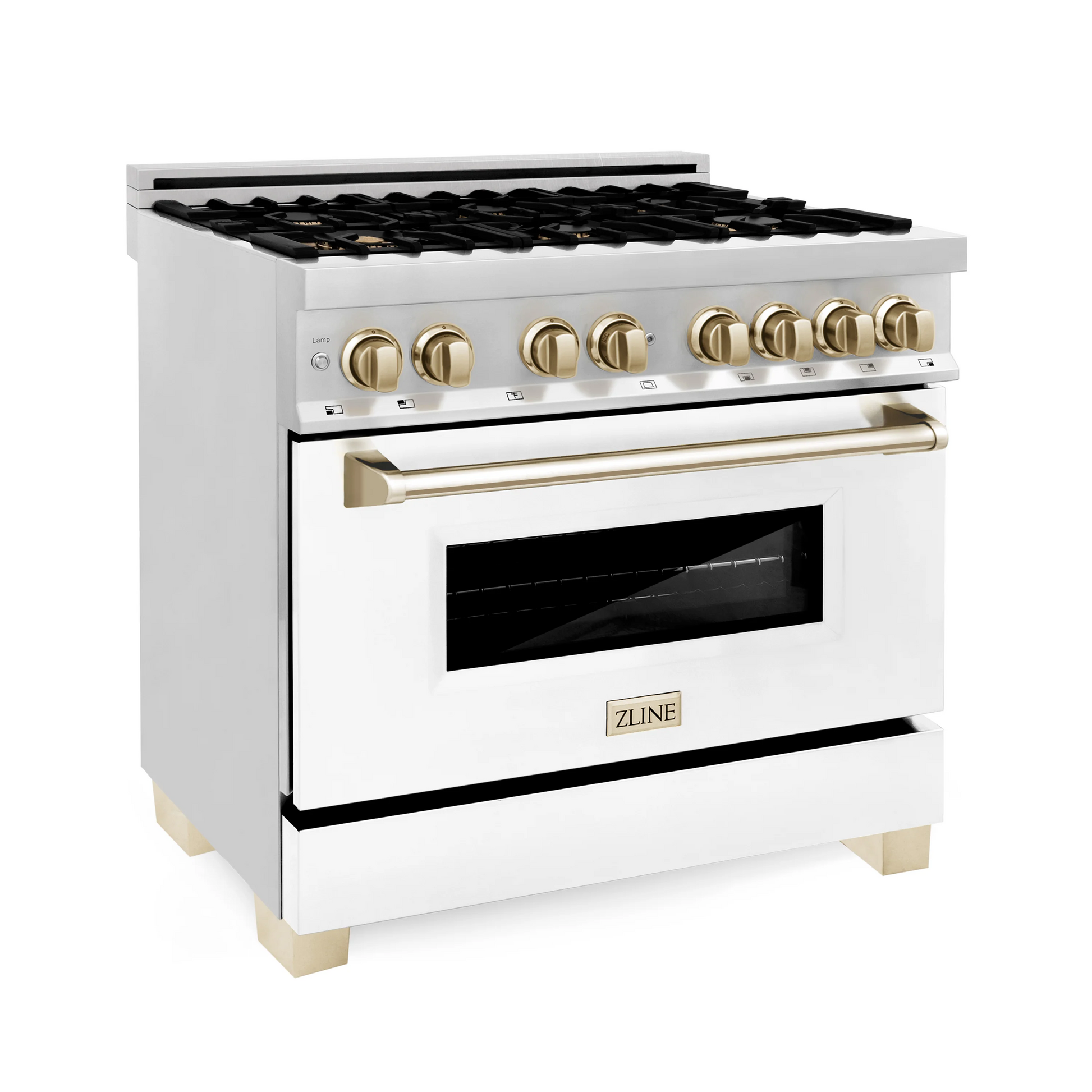 ZLINE Autograph Edition 36" Stainless Steel 6 Burner Dual Fuel Range With White Matte Door, Gold Accents and 4.6 cu. ft. Electric Oven