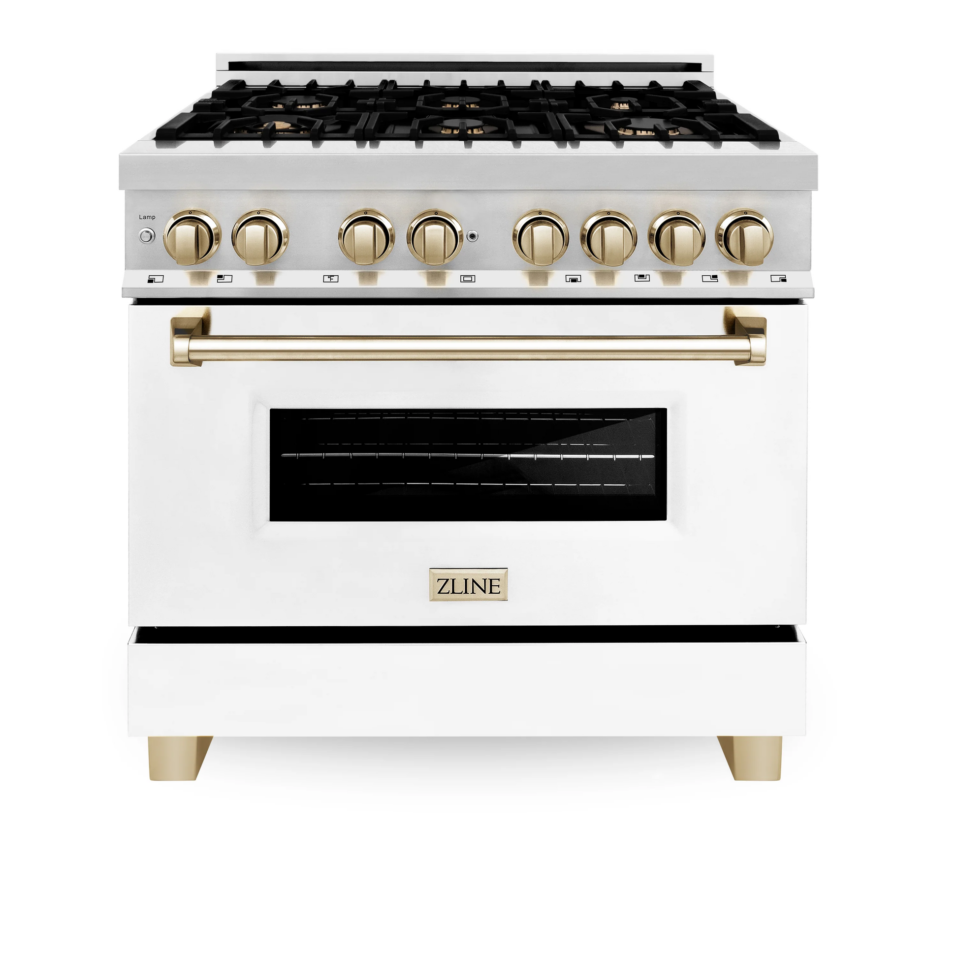 ZLINE Autograph Edition 36" Stainless Steel 6 Burner Dual Fuel Range With White Matte Door, Gold Accents and 4.6 cu. ft. Electric Oven