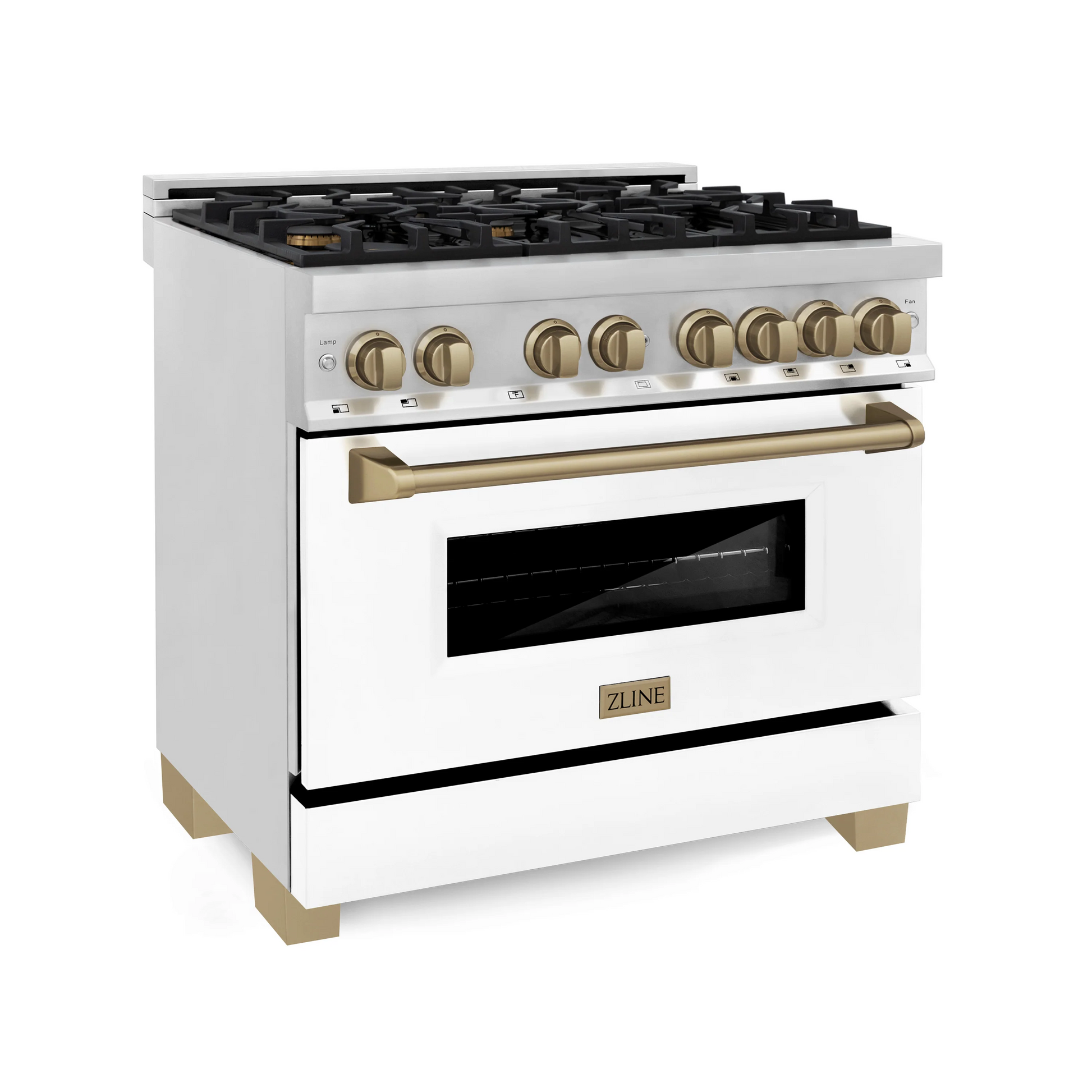 ZLINE Autograph Edition 36" Stainless Steel Dual Fuel Range With White Matte Door, Champagne Bronze Accents and 4.6 cu. ft. Electric Oven