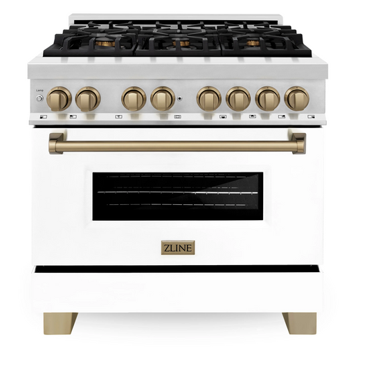 ZLINE Autograph Edition 36" Stainless Steel Dual Fuel Range With White Matte Door, Champagne Bronze Accents and 4.6 cu. ft. Electric Oven