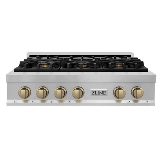 ZLINE Autograph Edition 36" Stainless Steel and Champagne Bronze Accents Porcelain 6 Burner Rangetop