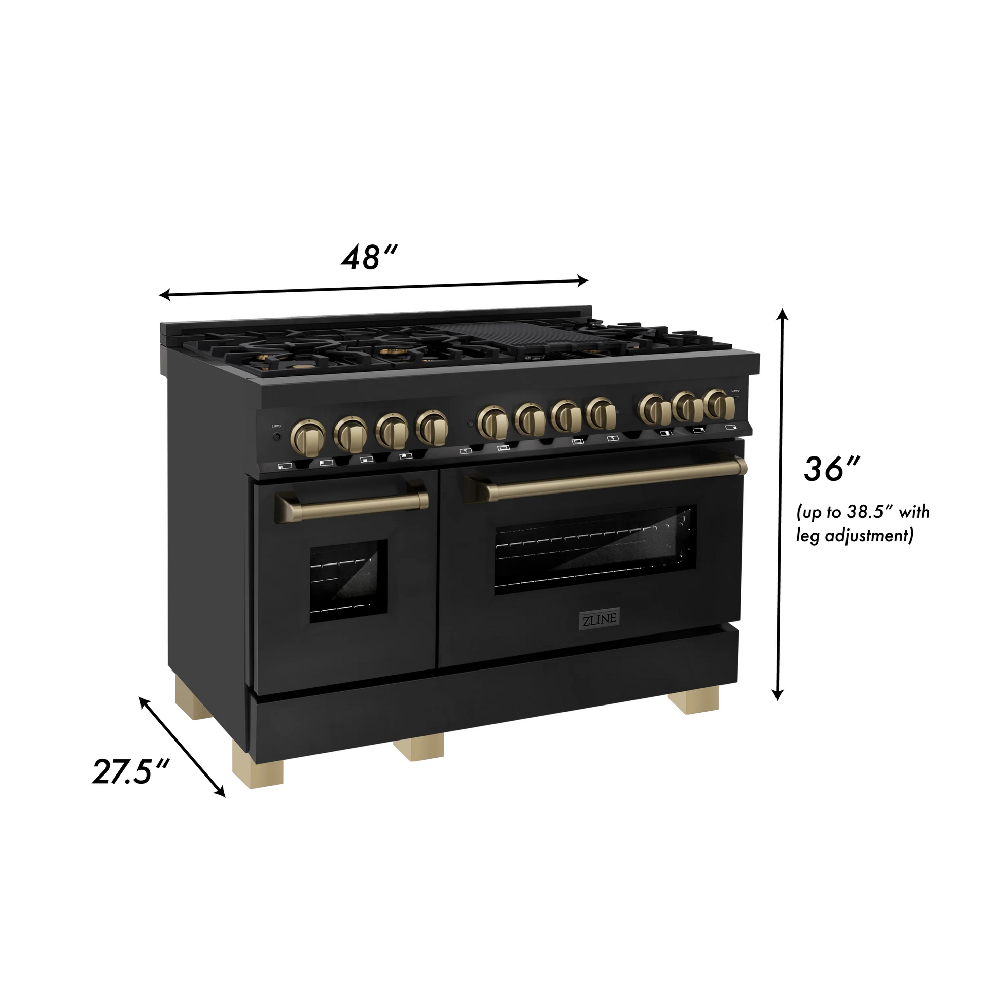 ZLINE Autograph Edition 48" Black Stainless Steel 7 Burner Dual Fuel Range With Champagne Bronze Accents and 6.0 cu. ft. Electric Oven