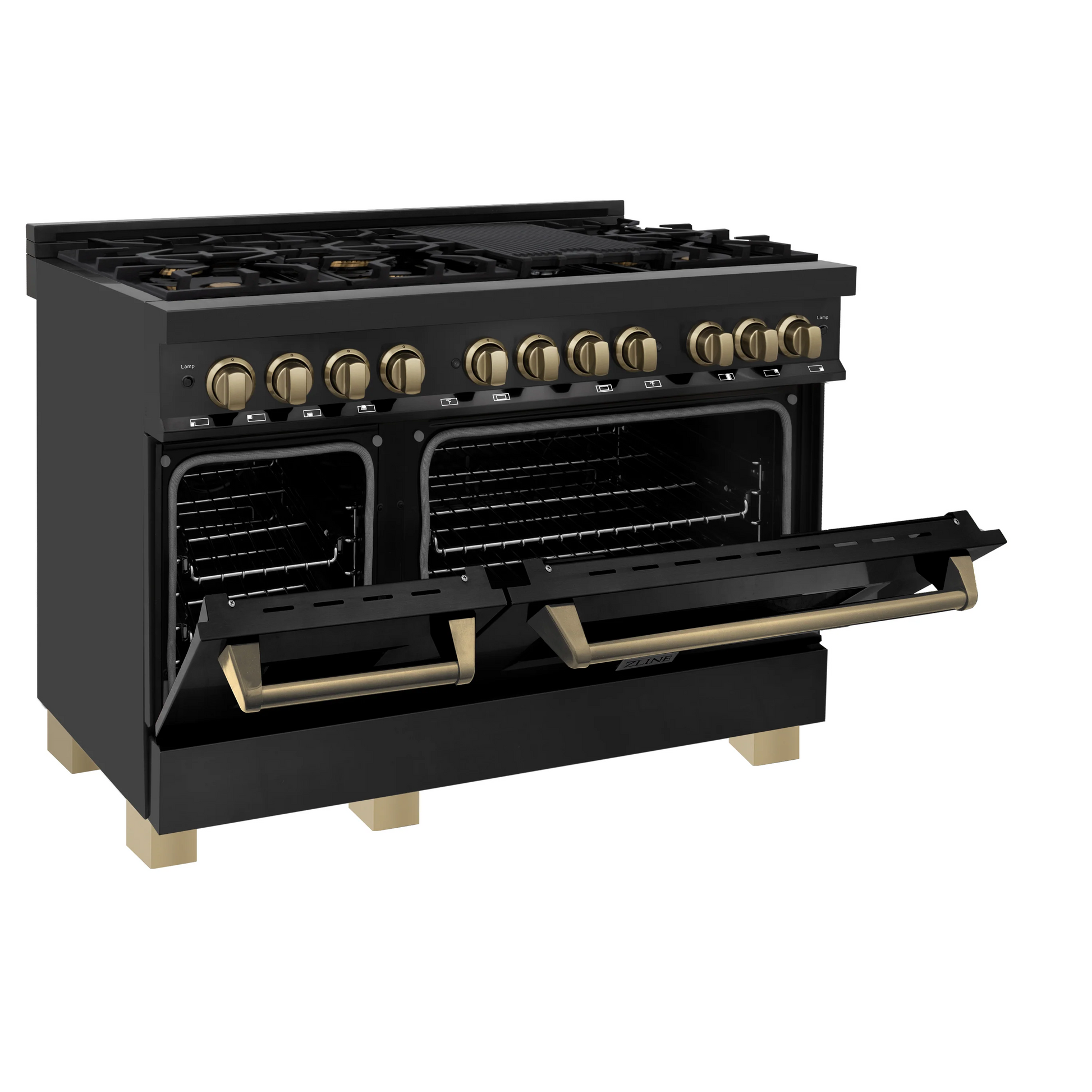 ZLINE Autograph Edition 48" Black Stainless Steel 7 Burner Dual Fuel Range With Champagne Bronze Accents and 6.0 cu. ft. Electric Oven