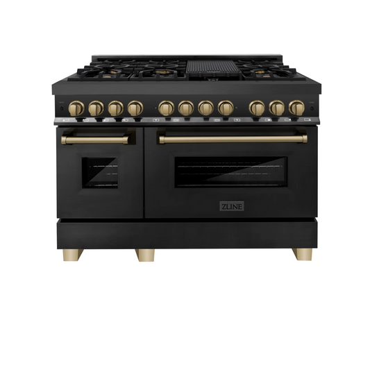 ZLINE Autograph Edition 48" Black Stainless Steel 7 Burner Dual Fuel Range With Champagne Bronze Accents and 6.0 cu. ft. Electric Oven