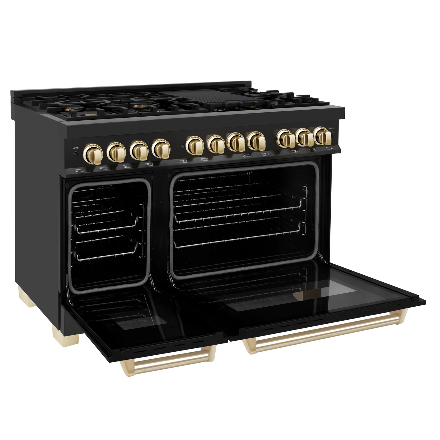 ZLINE Autograph Edition 48" Black Stainless Steel Dual Fuel Range 7 Burner With Gold Accents and 6.0 cu. ft. Electric Oven