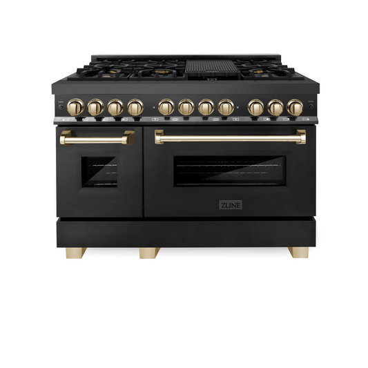 ZLINE Autograph Edition 48" Black Stainless Steel Dual Fuel Range 7 Burner With Gold Accents and 6.0 cu. ft. Electric Oven