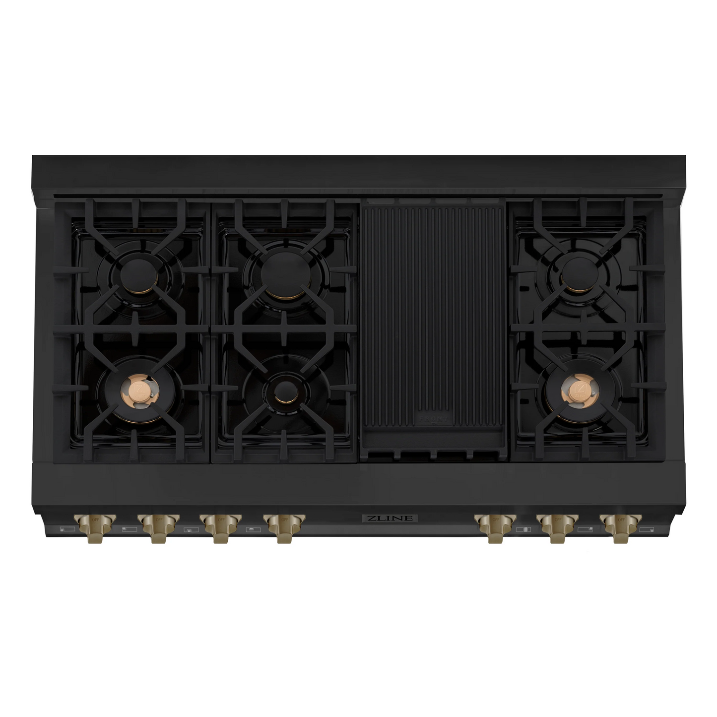 ZLINE Autograph Edition 48" Black Stainless Steel and Champagne Bronze Accents Porcelain 7 Burner Rangetop