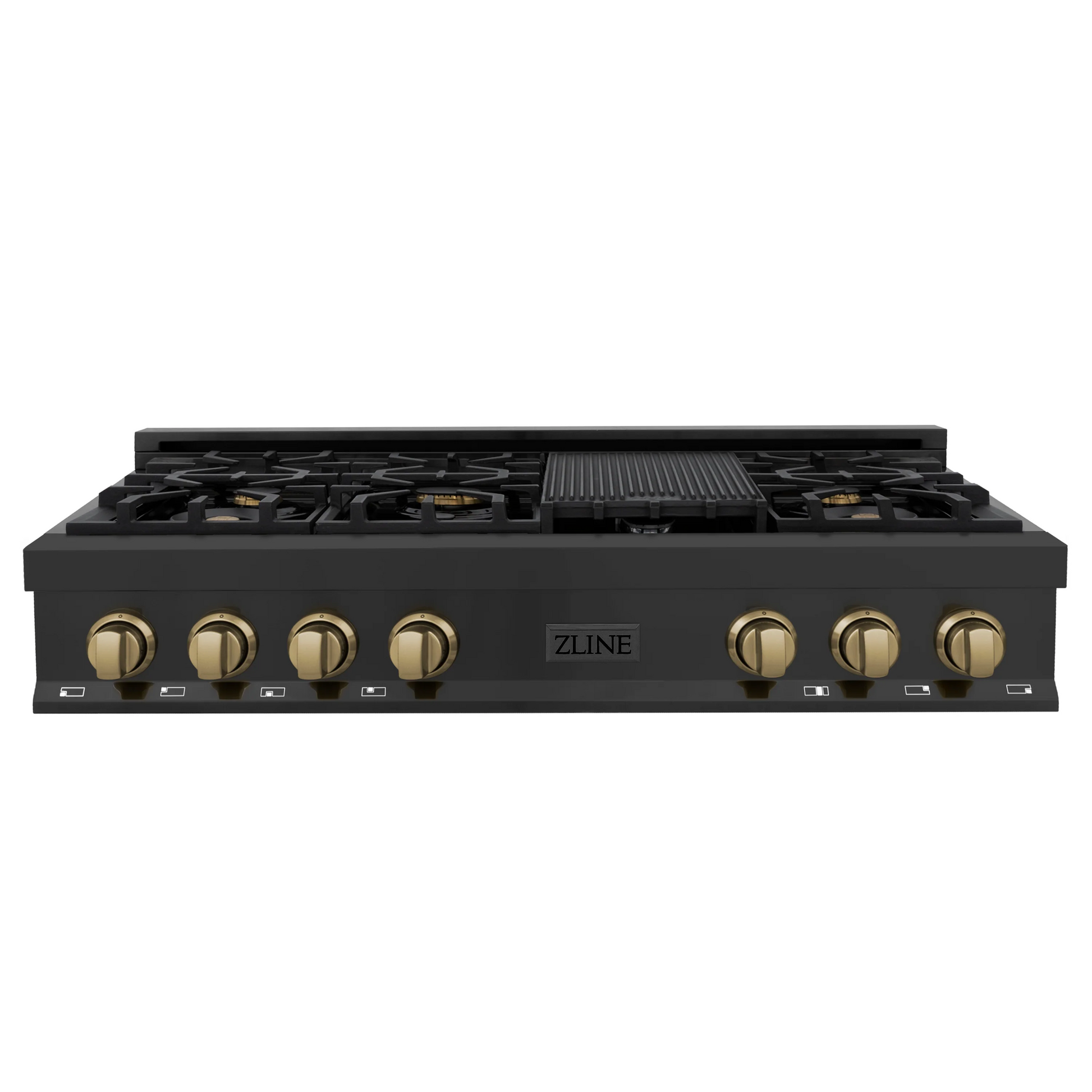 ZLINE Autograph Edition 48" Black Stainless Steel and Champagne Bronze Accents Porcelain 7 Burner Rangetop