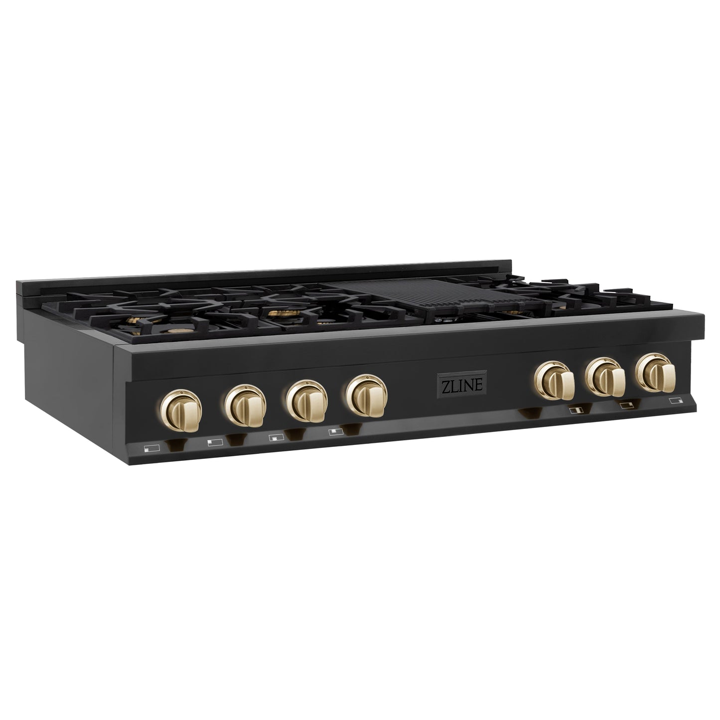 ZLINE Autograph Edition 48" Black Stainless Steel and Gold Accents Porcelain 7 Burner Rangetop