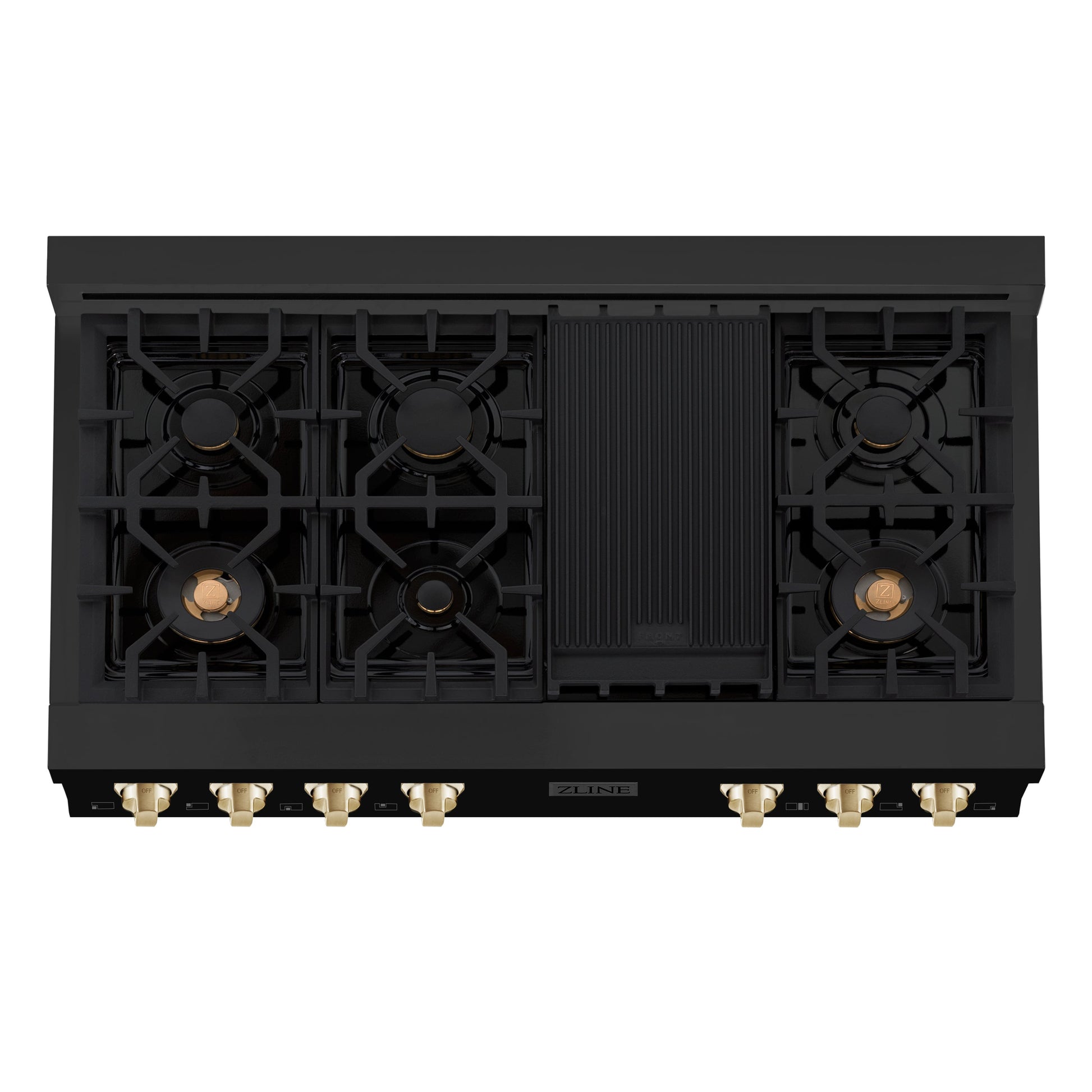 ZLINE Autograph Edition 48" Black Stainless Steel and Gold Accents Porcelain 7 Burner Rangetop