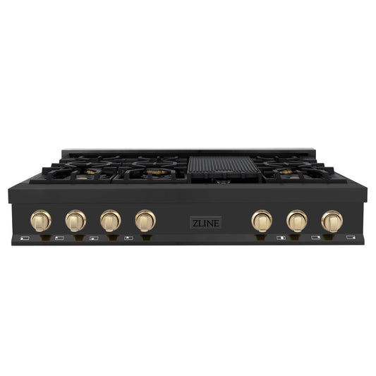 ZLINE Autograph Edition 48" Black Stainless Steel and Gold Accents Porcelain 7 Burner Rangetop