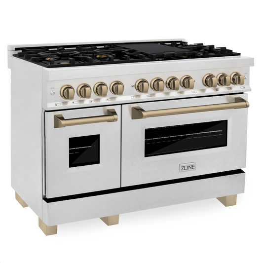 ZLINE Autograph Edition 48" DuraSnow Stainless Steel 7 Burner Dual Fuel Range With Champagne Bronze Accents and 6.0 cu. ft. Electric Oven