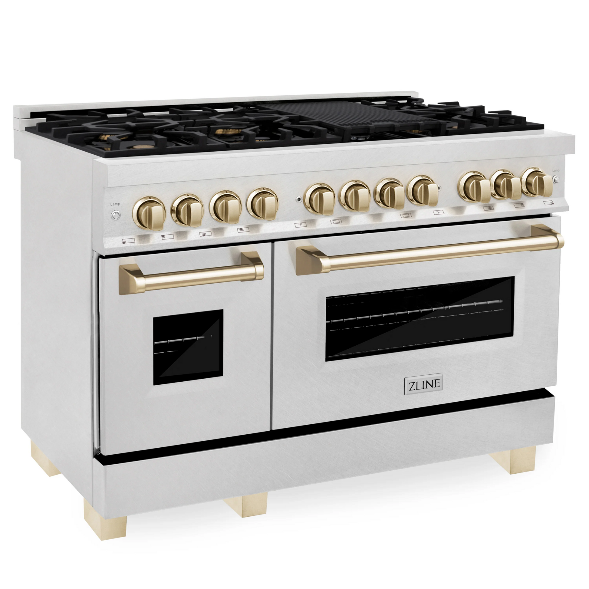 ZLINE Autograph Edition 48" DuraSnow Stainless Steel 7 Burner Dual Fuel Range With Gold Accents and 6.0 cu. ft. Electric Oven