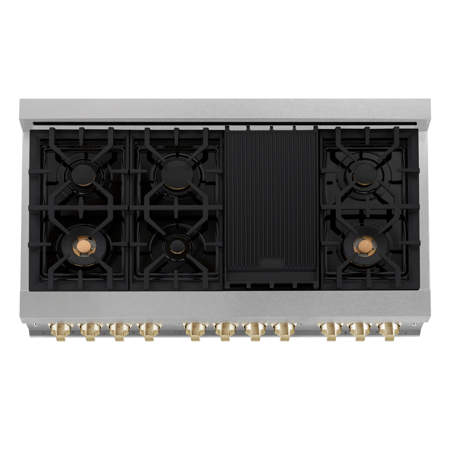 ZLINE Autograph Edition 48" DuraSnow Stainless Steel 7 Burner Dual Fuel Range With Gold Accents and 6.0 cu. ft. Electric Oven