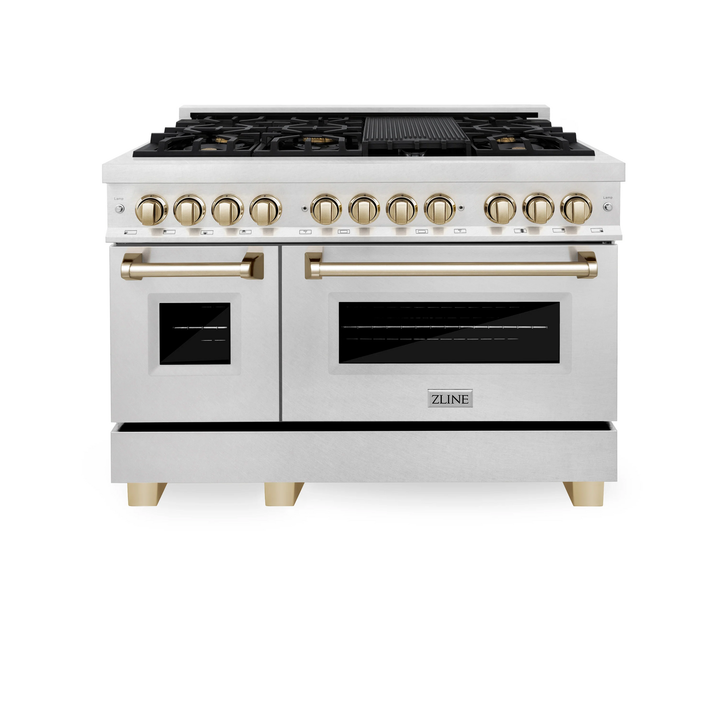 ZLINE Autograph Edition 48" DuraSnow Stainless Steel 7 Burner Dual Fuel Range With Gold Accents and 6.0 cu. ft. Electric Oven