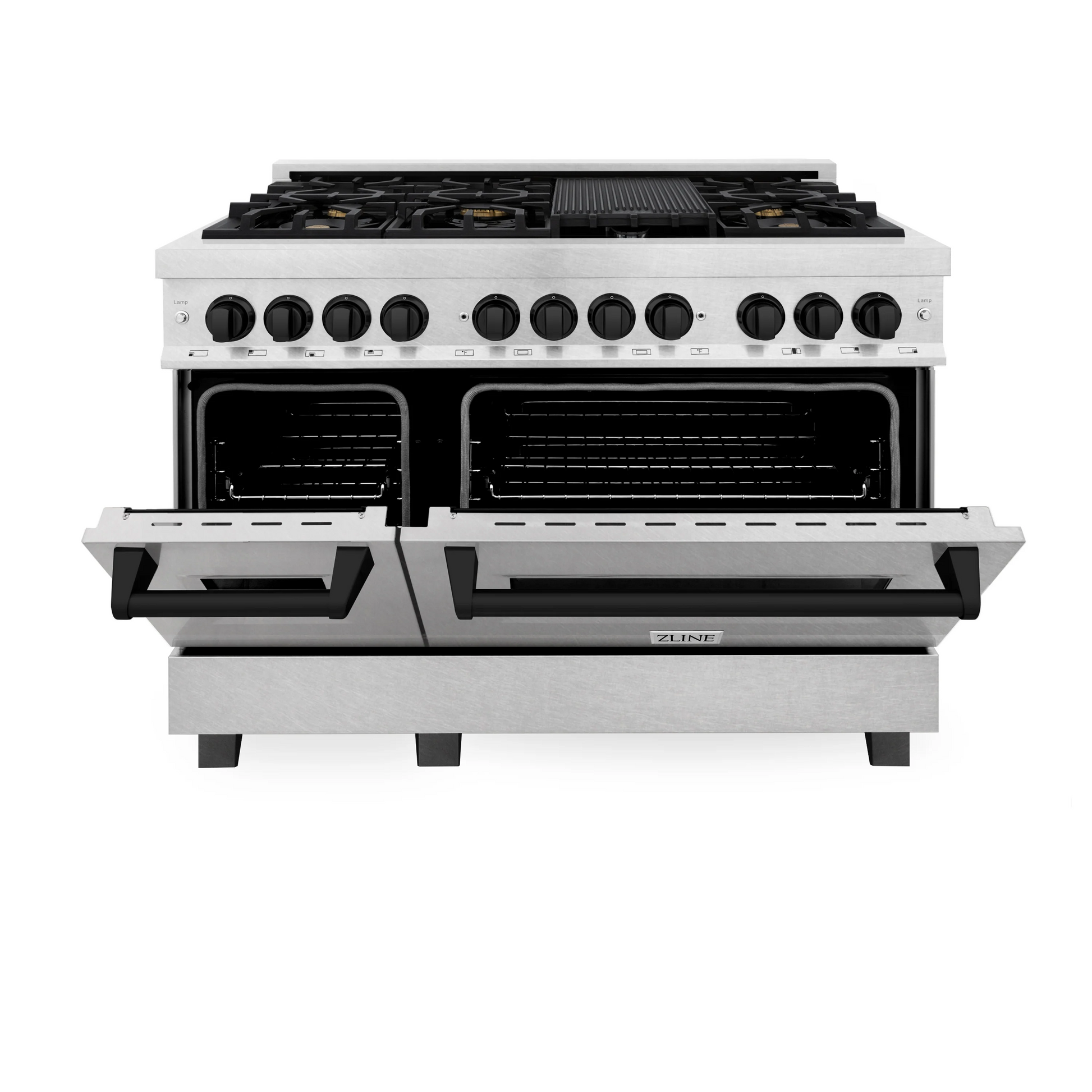 ZLINE Autograph Edition 48" DuraSnow Stainless Steel 7 Burner Dual Fuel Range With Matte Black Accents and 6.0 cu. ft. Electric Oven