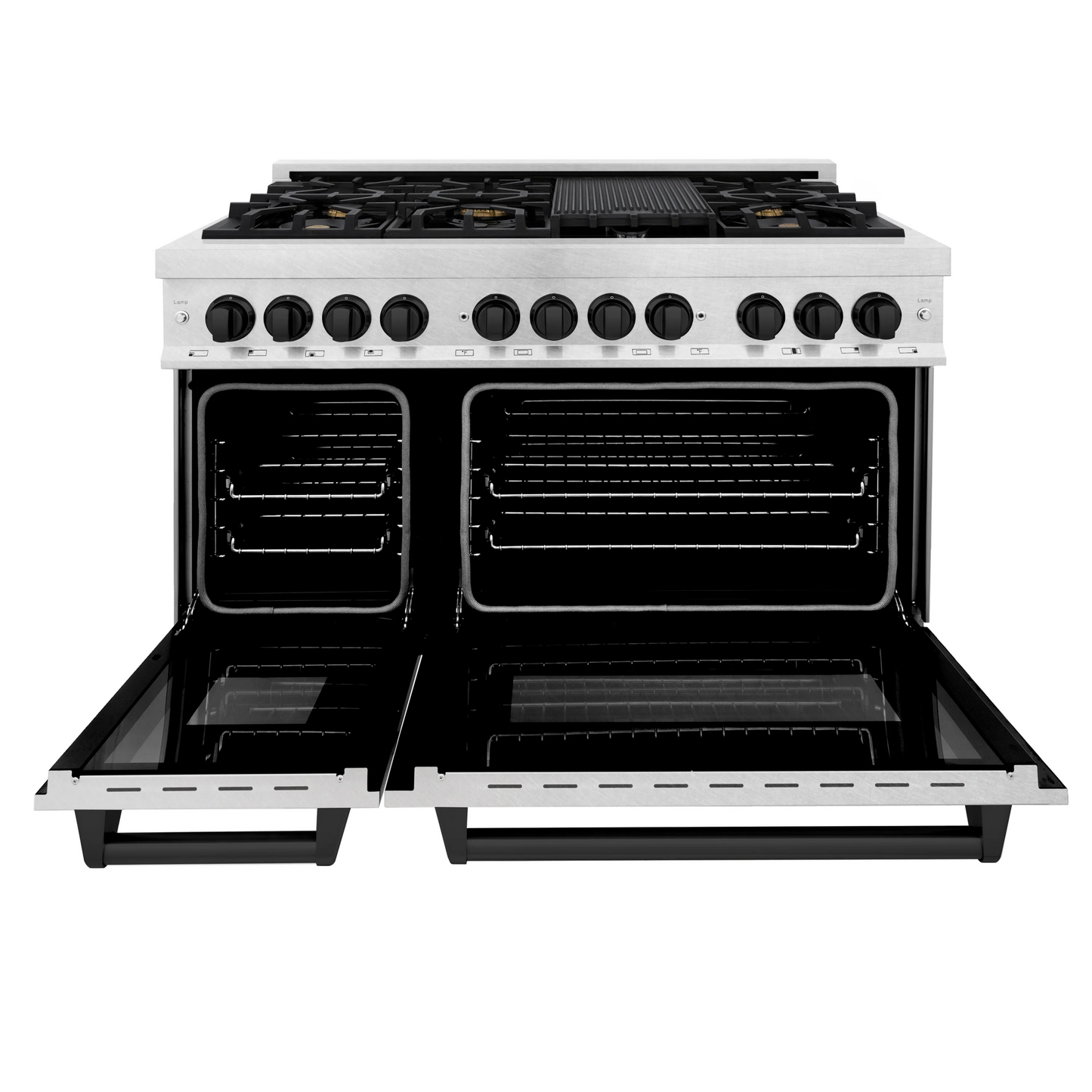 ZLINE Autograph Edition 48" DuraSnow Stainless Steel 7 Burner Dual Fuel Range With Matte Black Accents and 6.0 cu. ft. Electric Oven