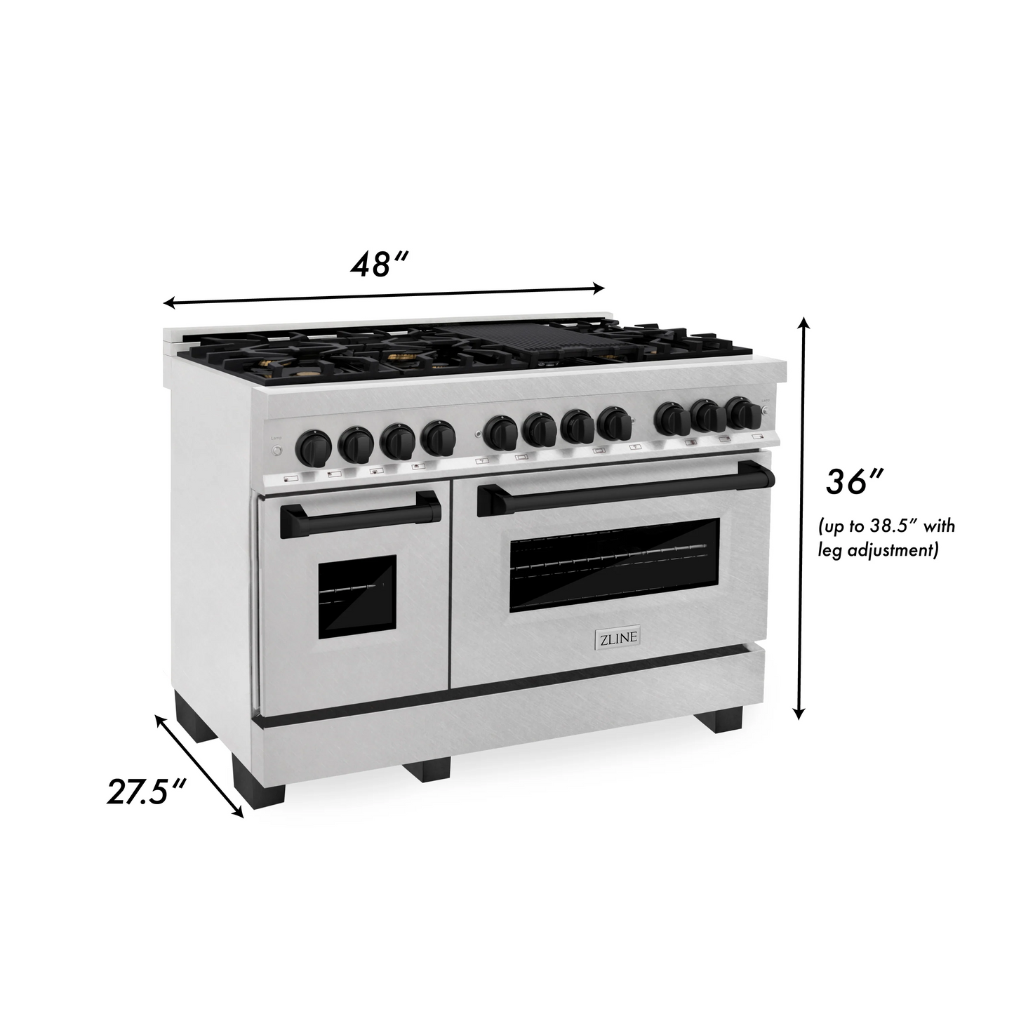 ZLINE Autograph Edition 48" DuraSnow Stainless Steel 7 Burner Dual Fuel Range With Matte Black Accents and 6.0 cu. ft. Electric Oven