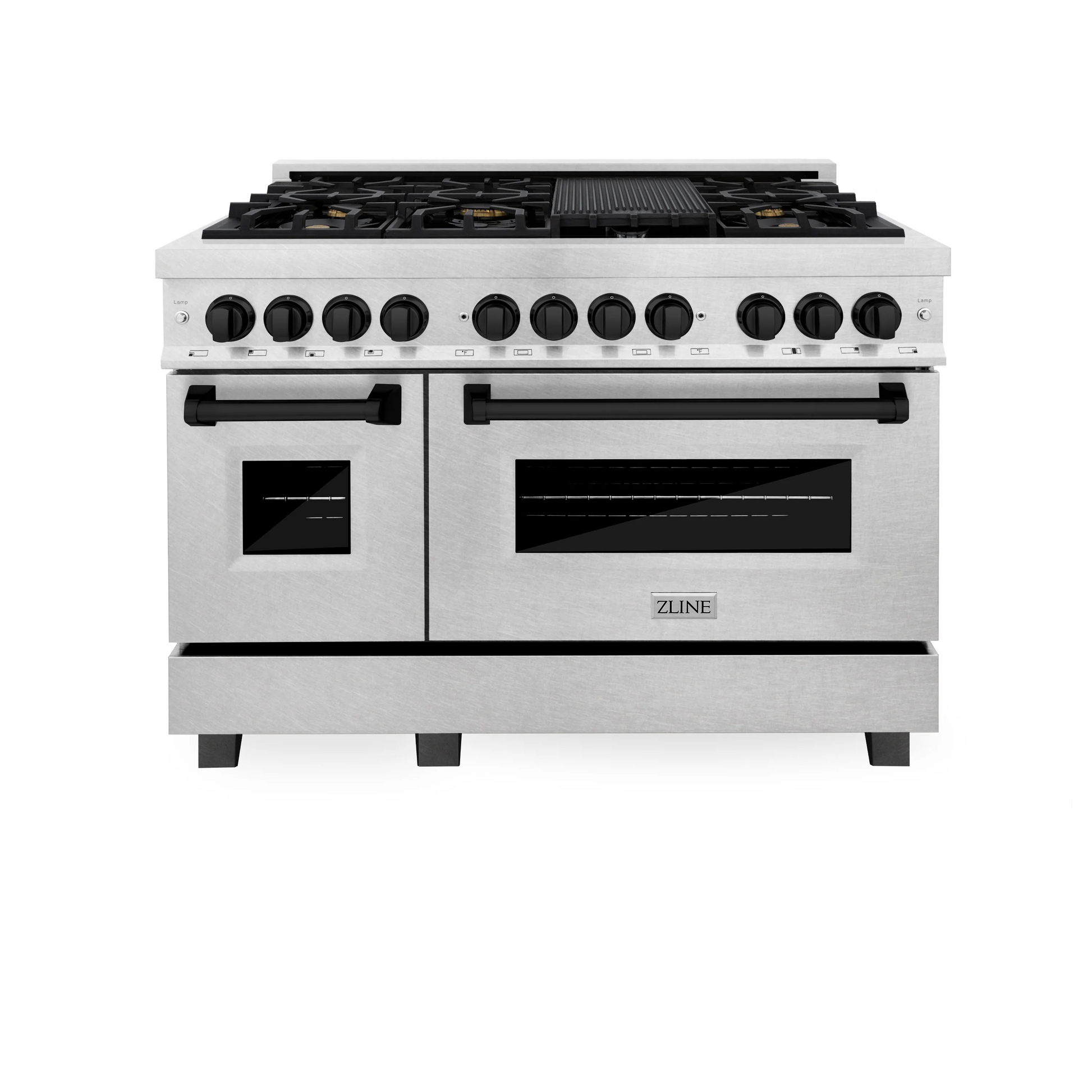 ZLINE Autograph Edition 48" DuraSnow Stainless Steel 7 Burner Dual Fuel Range With Matte Black Accents and 6.0 cu. ft. Electric Oven