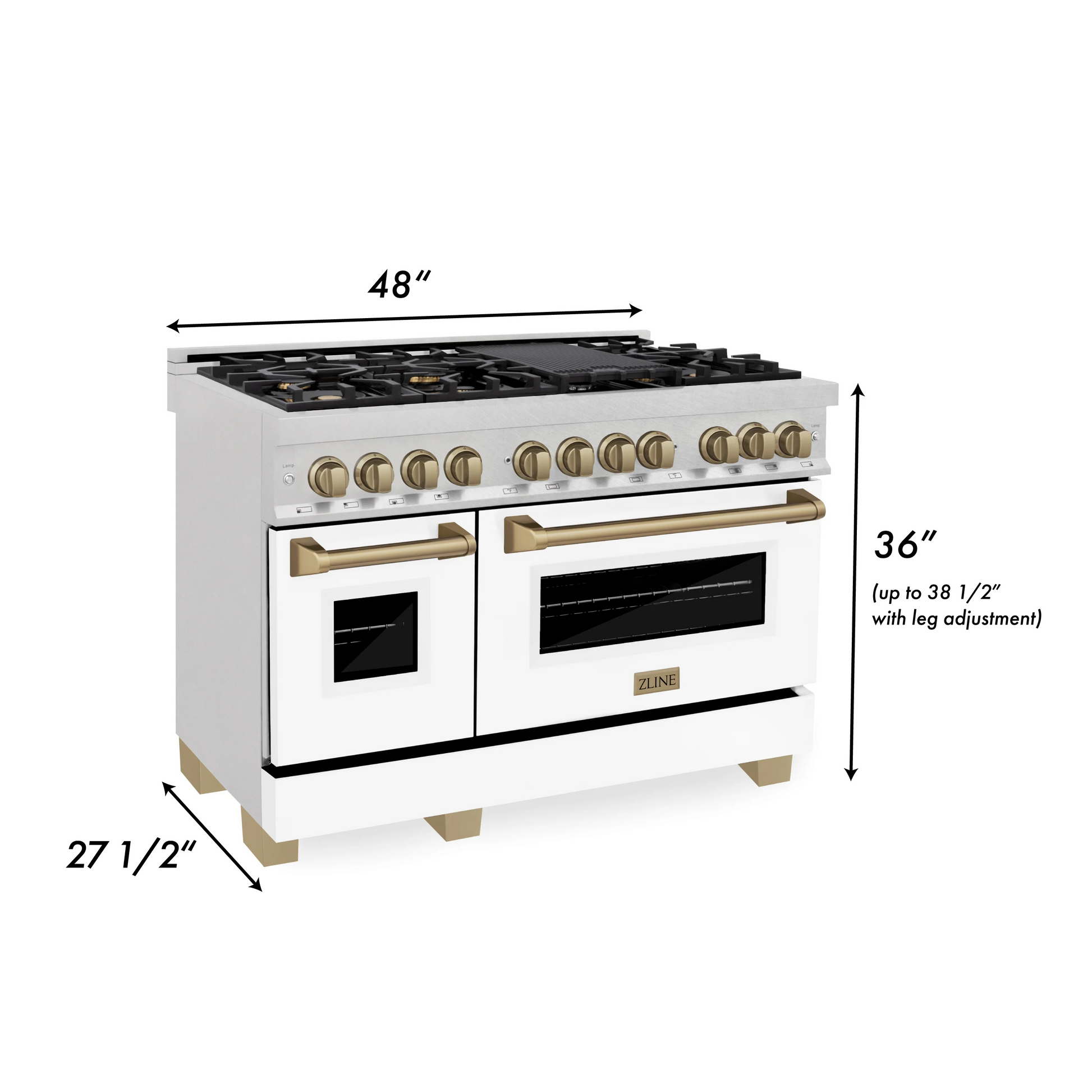 ZLINE Autograph Edition 48" DuraSnow Stainless Steel 7 Burner Dual Fuel Range With White Matte Door, Champagne Bronze Accents and 6.0 cu. ft. Electric Oven