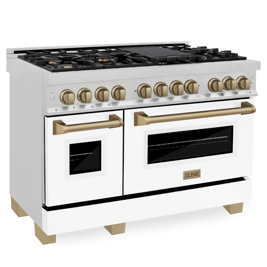 ZLINE Autograph Edition 48" DuraSnow Stainless Steel 7 Burner Dual Fuel Range With White Matte Door, Champagne Bronze Accents and 6.0 cu. ft. Electric Oven