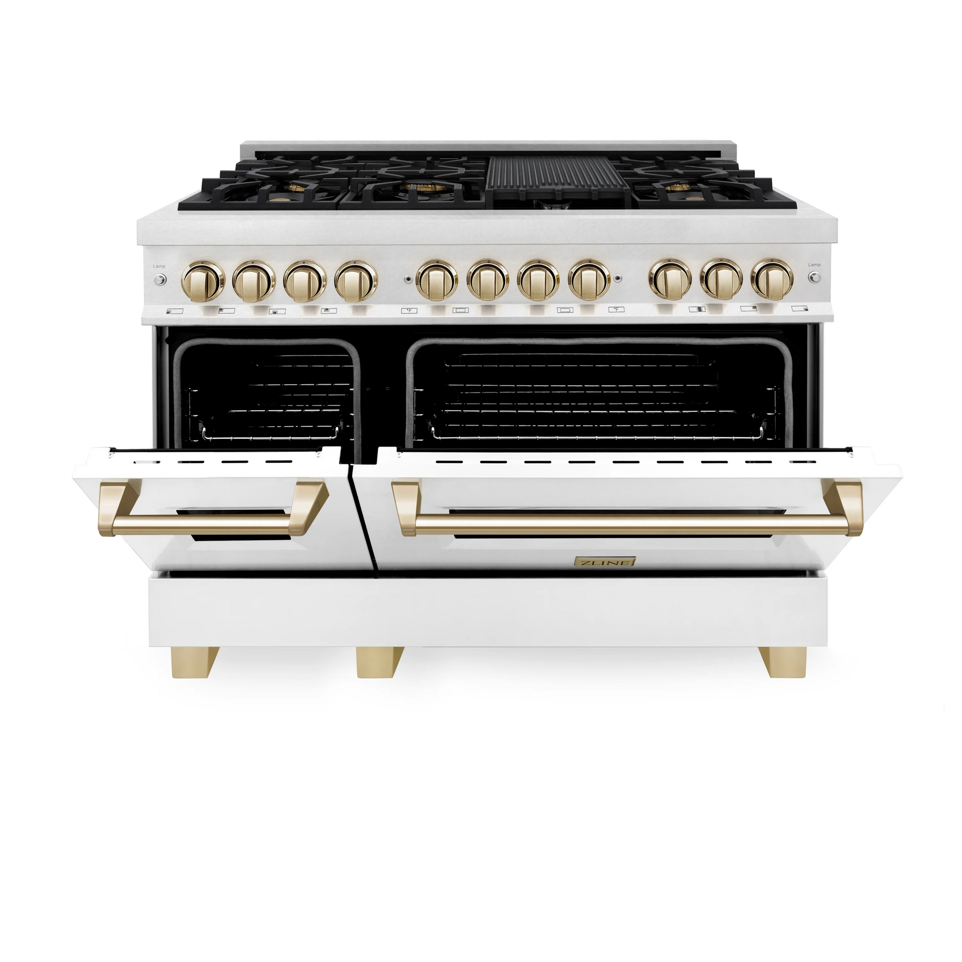 ZLINE Autograph Edition 48" DuraSnow Stainless Steel 7 Burner Dual Fuel Range With White Matte Door, Gold Accents and 6.0 cu. ft. Electric Oven