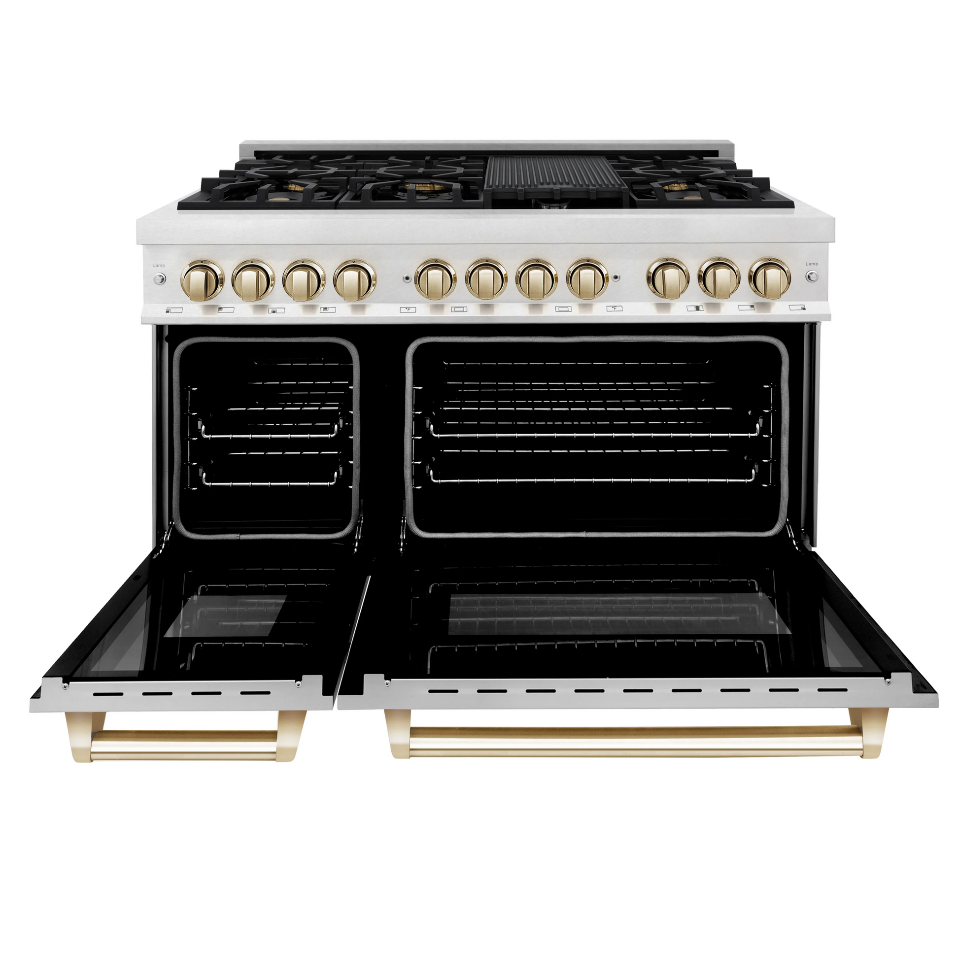 ZLINE Autograph Edition 48" DuraSnow Stainless Steel 7 Burner Dual Fuel Range With White Matte Door, Gold Accents and 6.0 cu. ft. Electric Oven