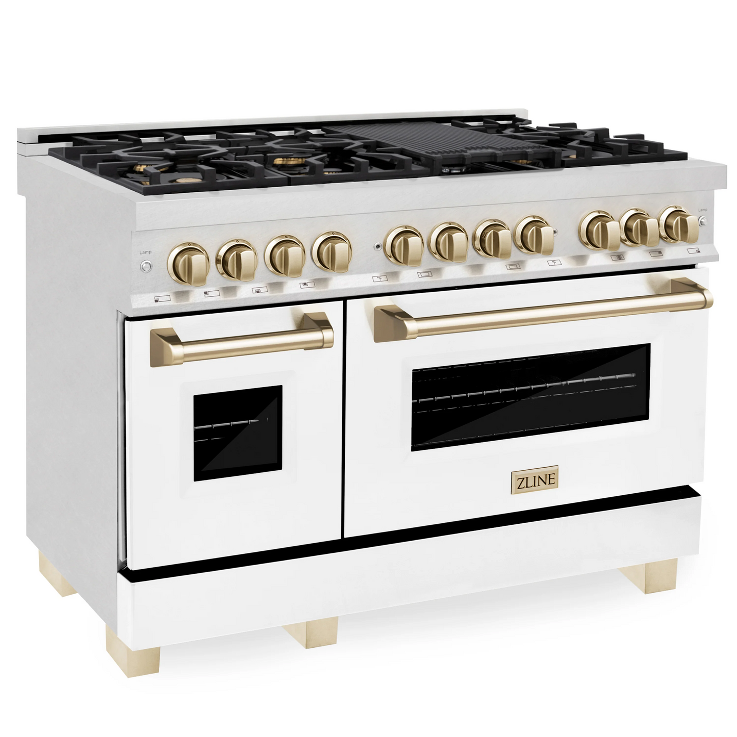 ZLINE Autograph Edition 48" DuraSnow Stainless Steel 7 Burner Dual Fuel Range With White Matte Door, Gold Accents and 6.0 cu. ft. Electric Oven