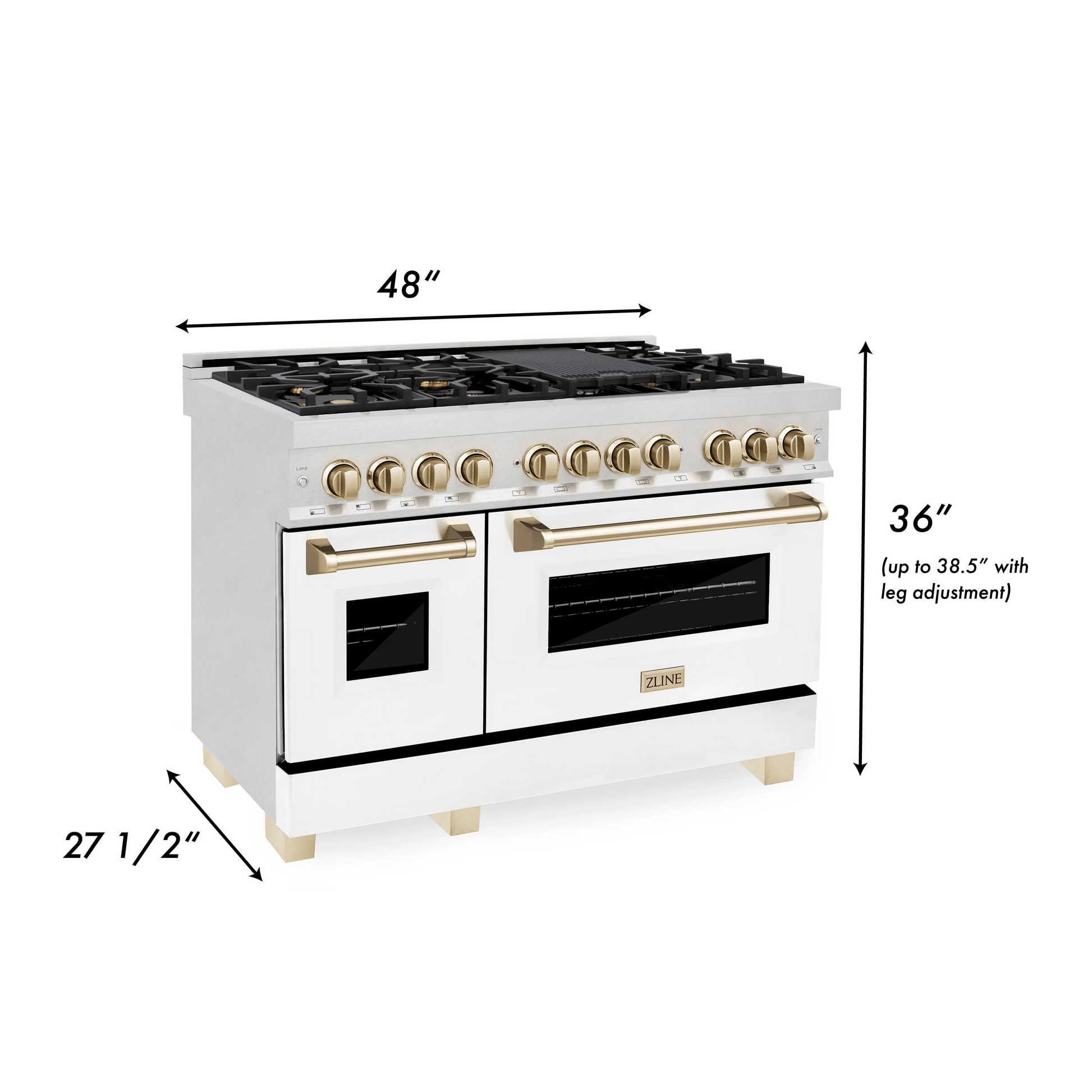 ZLINE Autograph Edition 48" DuraSnow Stainless Steel 7 Burner Dual Fuel Range With White Matte Door, Gold Accents and 6.0 cu. ft. Electric Oven