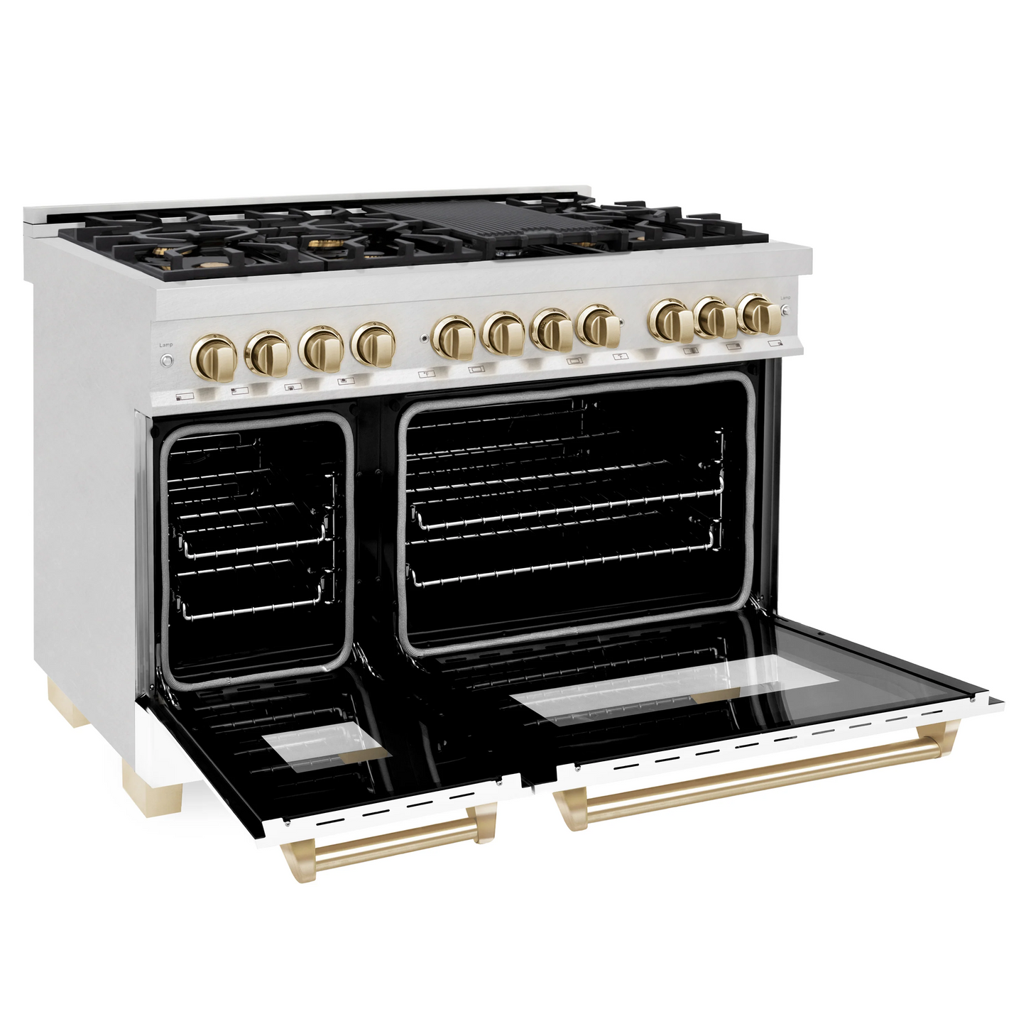 ZLINE Autograph Edition 48" DuraSnow Stainless Steel 7 Burner Dual Fuel Range With White Matte Door, Gold Accents and 6.0 cu. ft. Electric Oven