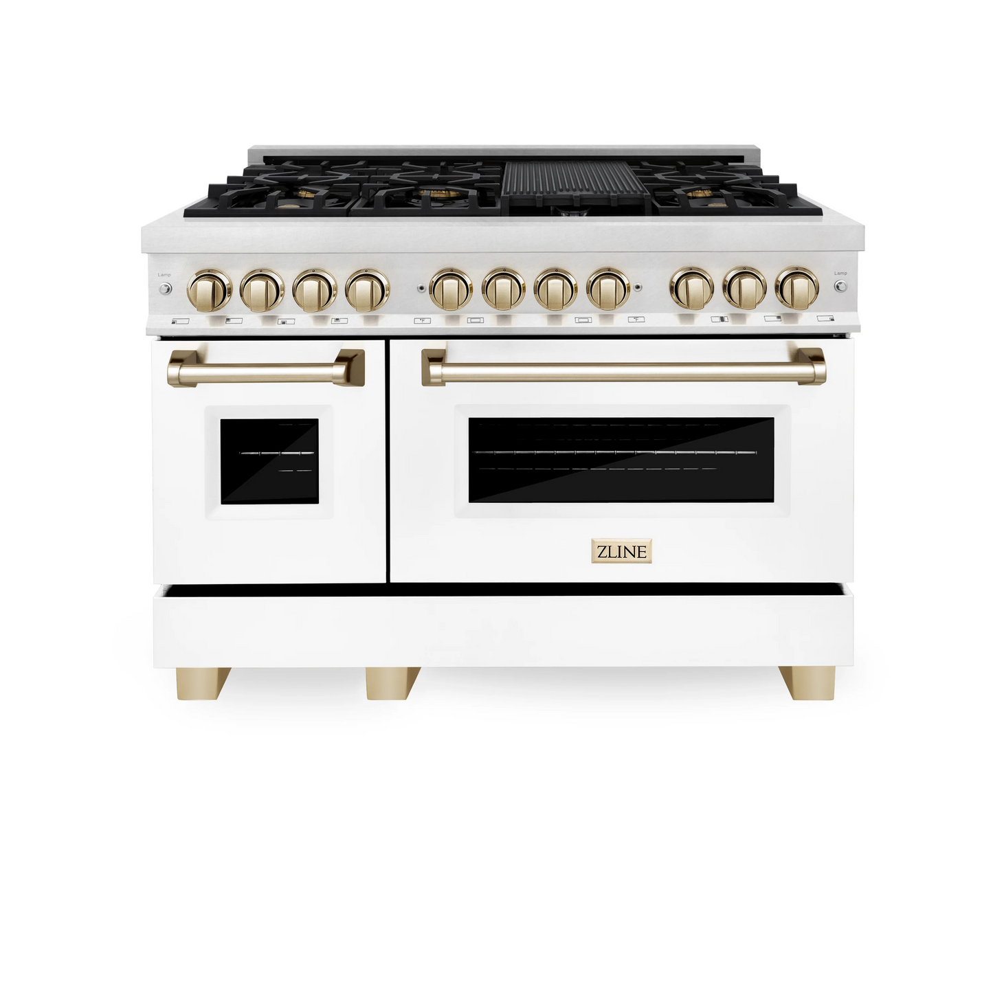 ZLINE Autograph Edition 48" DuraSnow Stainless Steel 7 Burner Dual Fuel Range With White Matte Door, Gold Accents and 6.0 cu. ft. Electric Oven