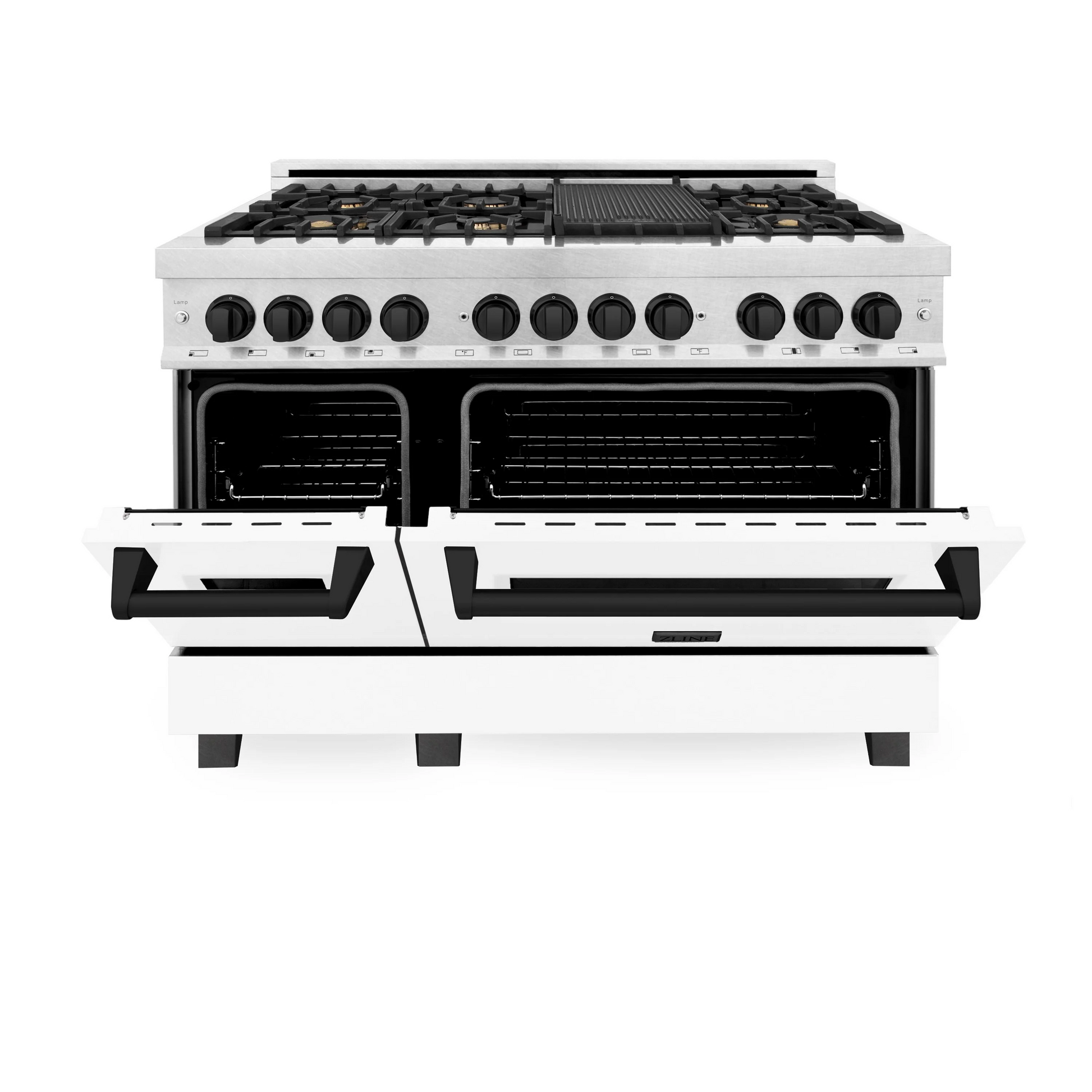 ZLINE Autograph Edition 48" DuraSnow Stainless Steel 7 Burner Dual Fuel Range With White Matte Door, Matte Black Accents and 6.0 cu. ft. Electric Oven