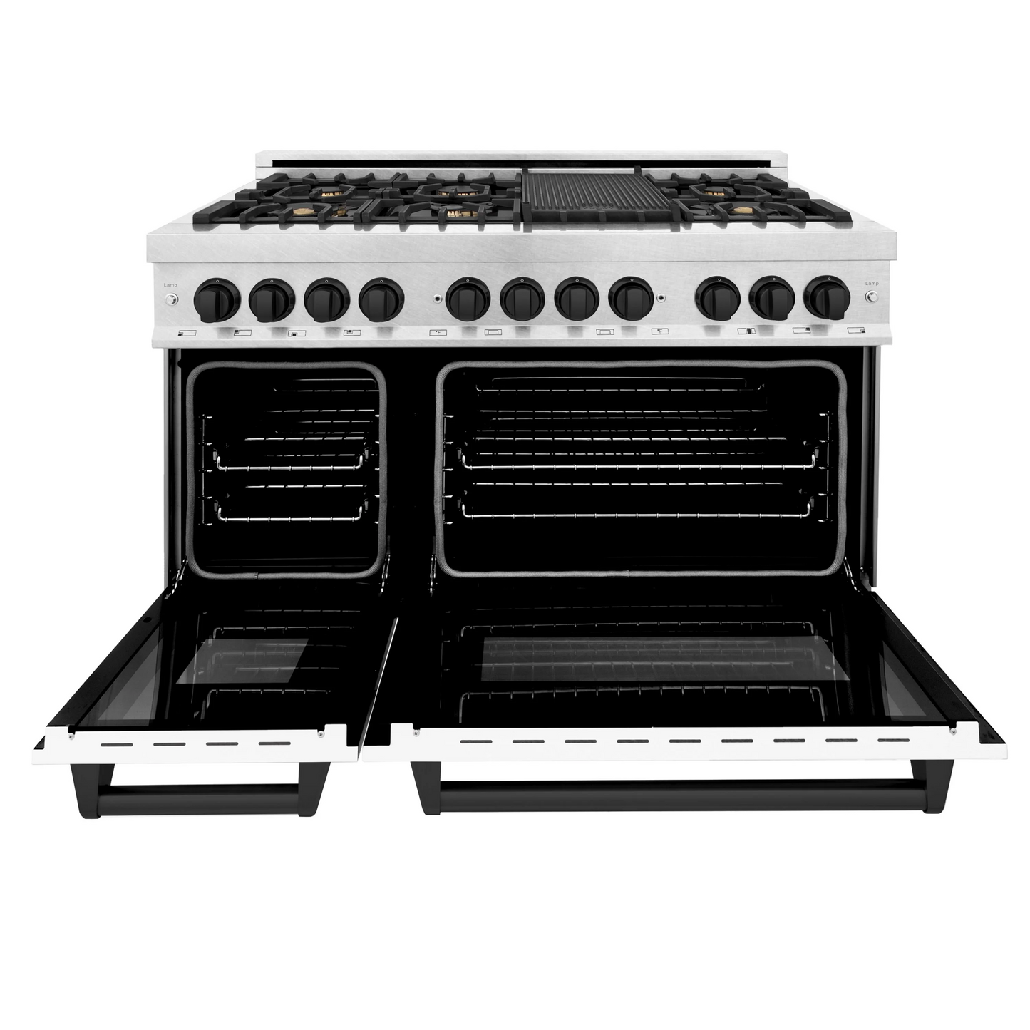 ZLINE Autograph Edition 48" DuraSnow Stainless Steel 7 Burner Dual Fuel Range With White Matte Door, Matte Black Accents and 6.0 cu. ft. Electric Oven