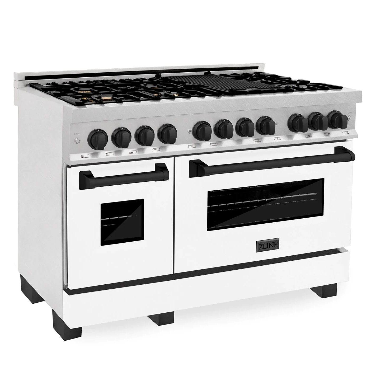 ZLINE Autograph Edition 48" DuraSnow Stainless Steel 7 Burner Dual Fuel Range With White Matte Door, Matte Black Accents and 6.0 cu. ft. Electric Oven