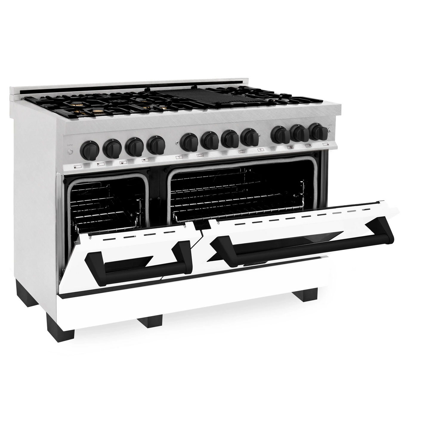 ZLINE Autograph Edition 48" DuraSnow Stainless Steel 7 Burner Dual Fuel Range With White Matte Door, Matte Black Accents and 6.0 cu. ft. Electric Oven