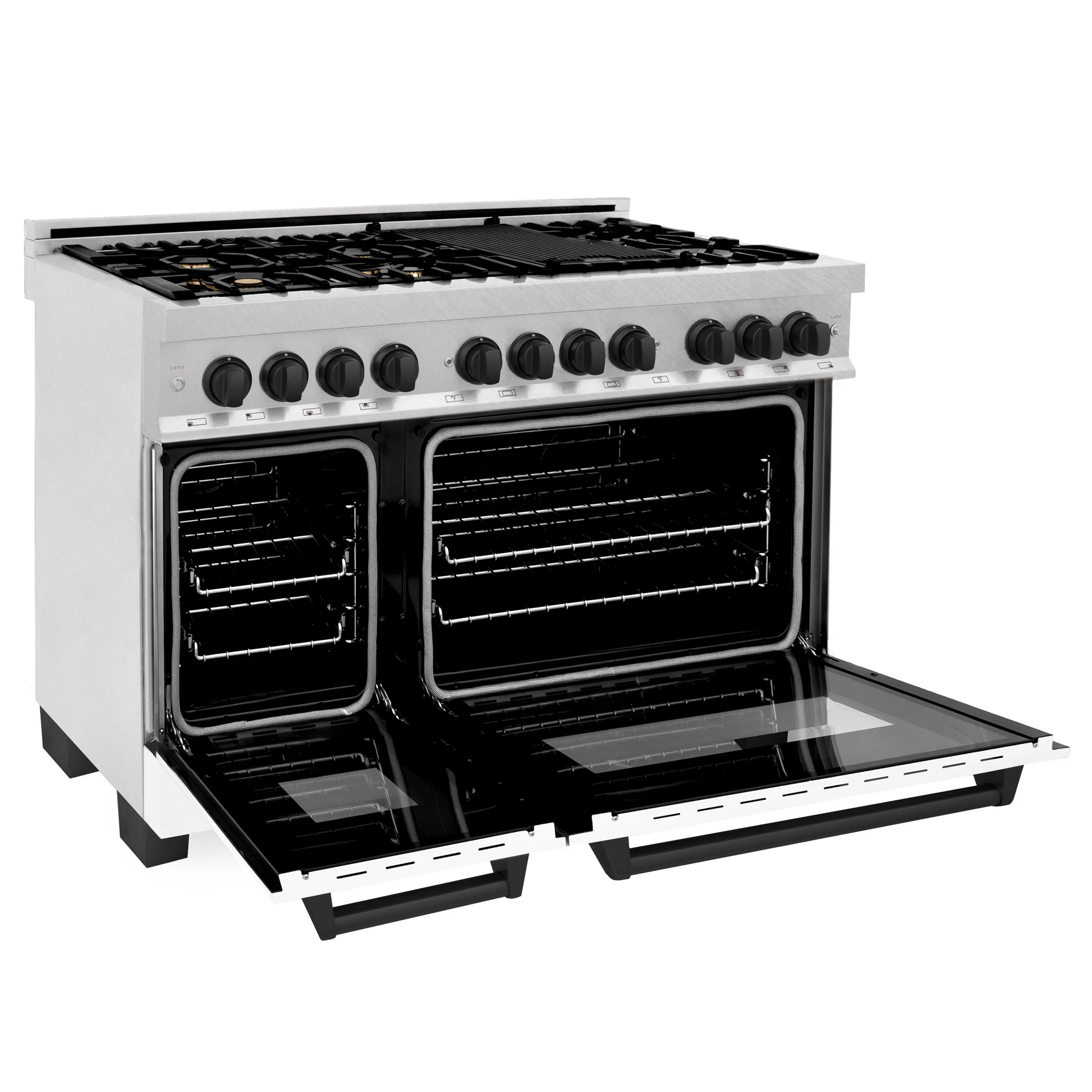 ZLINE Autograph Edition 48" DuraSnow Stainless Steel 7 Burner Dual Fuel Range With White Matte Door, Matte Black Accents and 6.0 cu. ft. Electric Oven