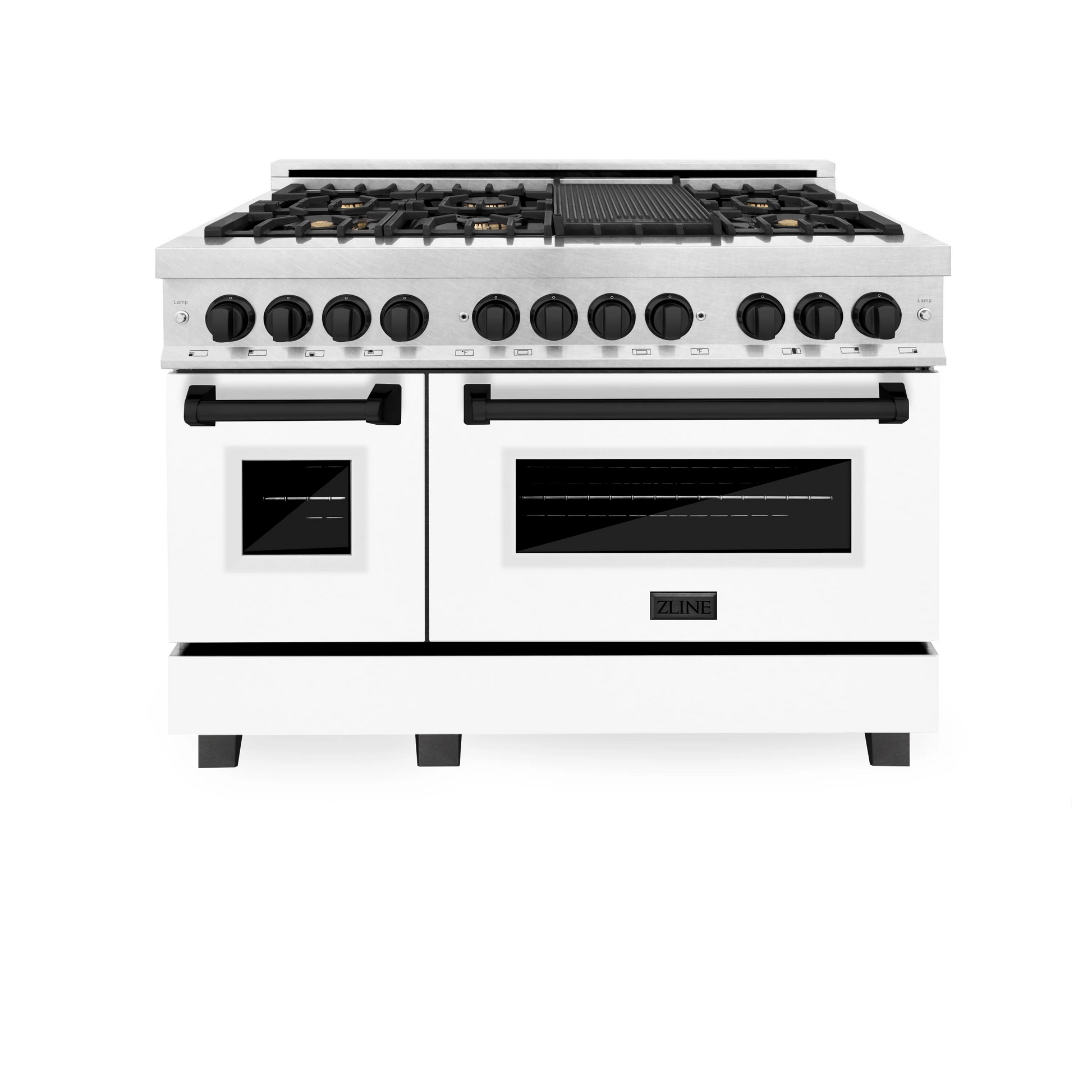 ZLINE Autograph Edition 48" DuraSnow Stainless Steel 7 Burner Dual Fuel Range With White Matte Door, Matte Black Accents and 6.0 cu. ft. Electric Oven