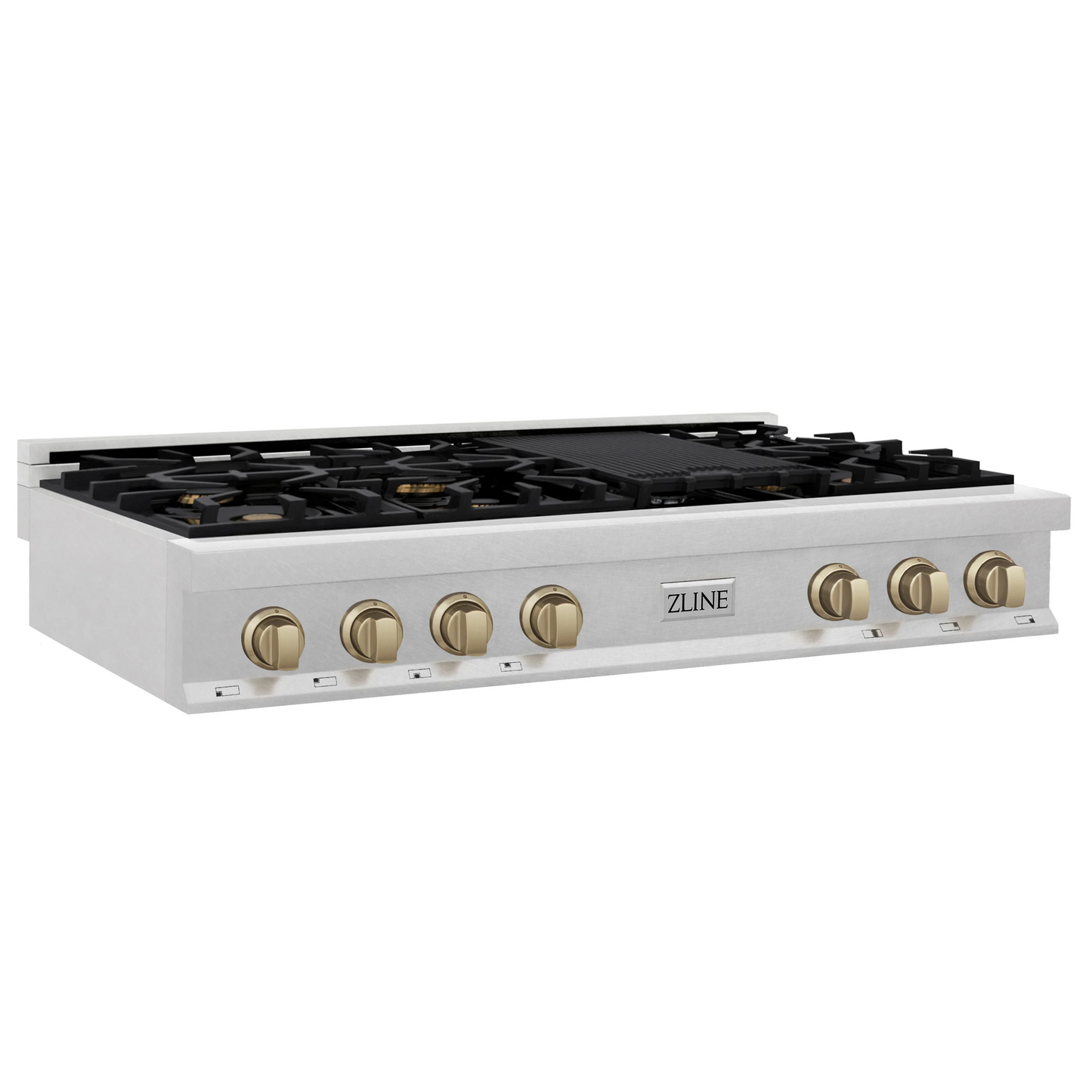 ZLINE Autograph Edition 48" DuraSnow Stainless Steel and Champagne Bronze Accents Porcelain 7 Burner Rangetop