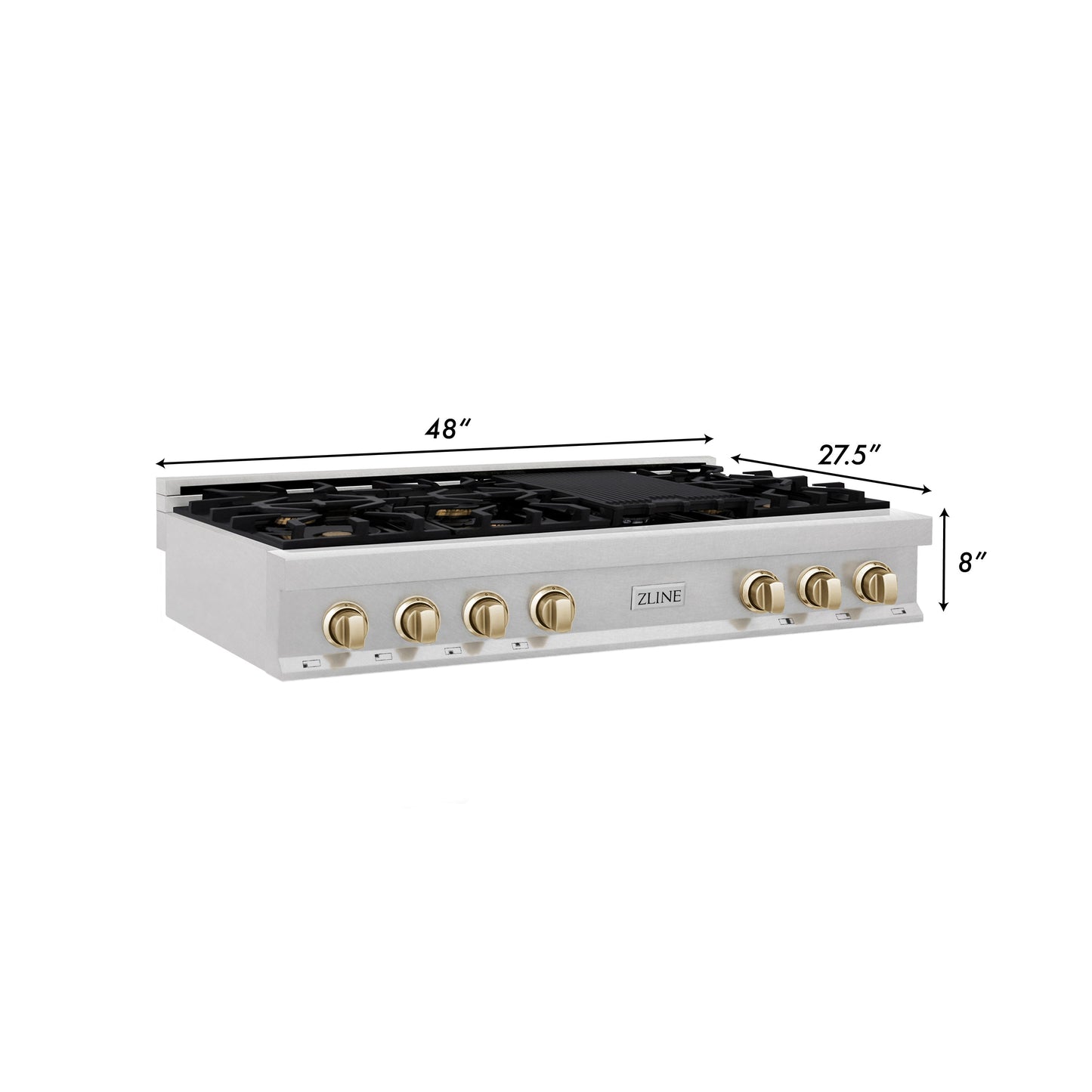 ZLINE Autograph Edition 48" DuraSnow Stainless Steel and Gold Accents Porcelain 7 Burner Rangetop