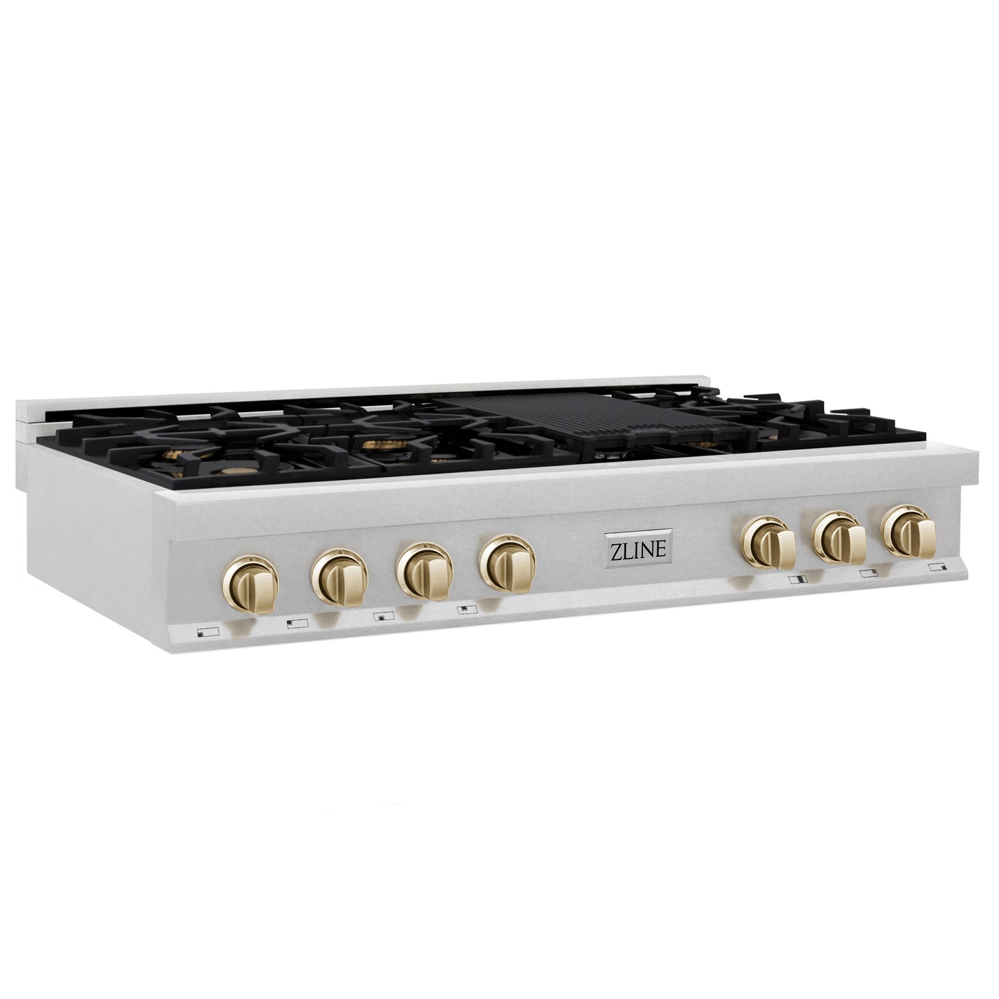 ZLINE Autograph Edition 48" DuraSnow Stainless Steel and Gold Accents Porcelain 7 Burner Rangetop