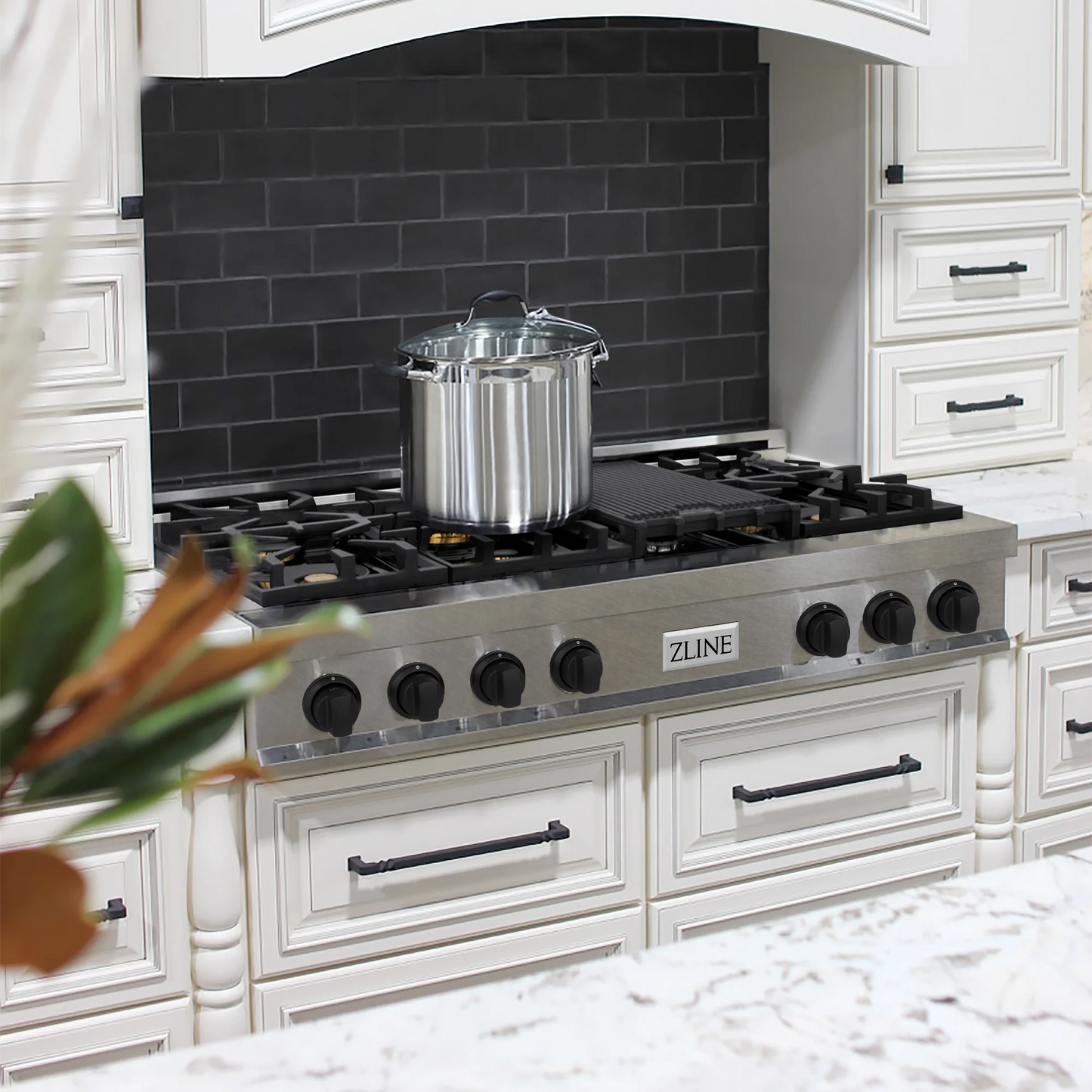 ZLINE Autograph Edition 48" DuraSnow Stainless Steel and Gold Accents Porcelain 7 Burner Rangetop