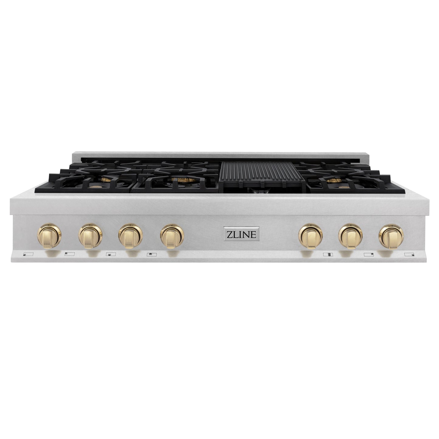 ZLINE Autograph Edition 48" DuraSnow Stainless Steel and Gold Accents Porcelain 7 Burner Rangetop