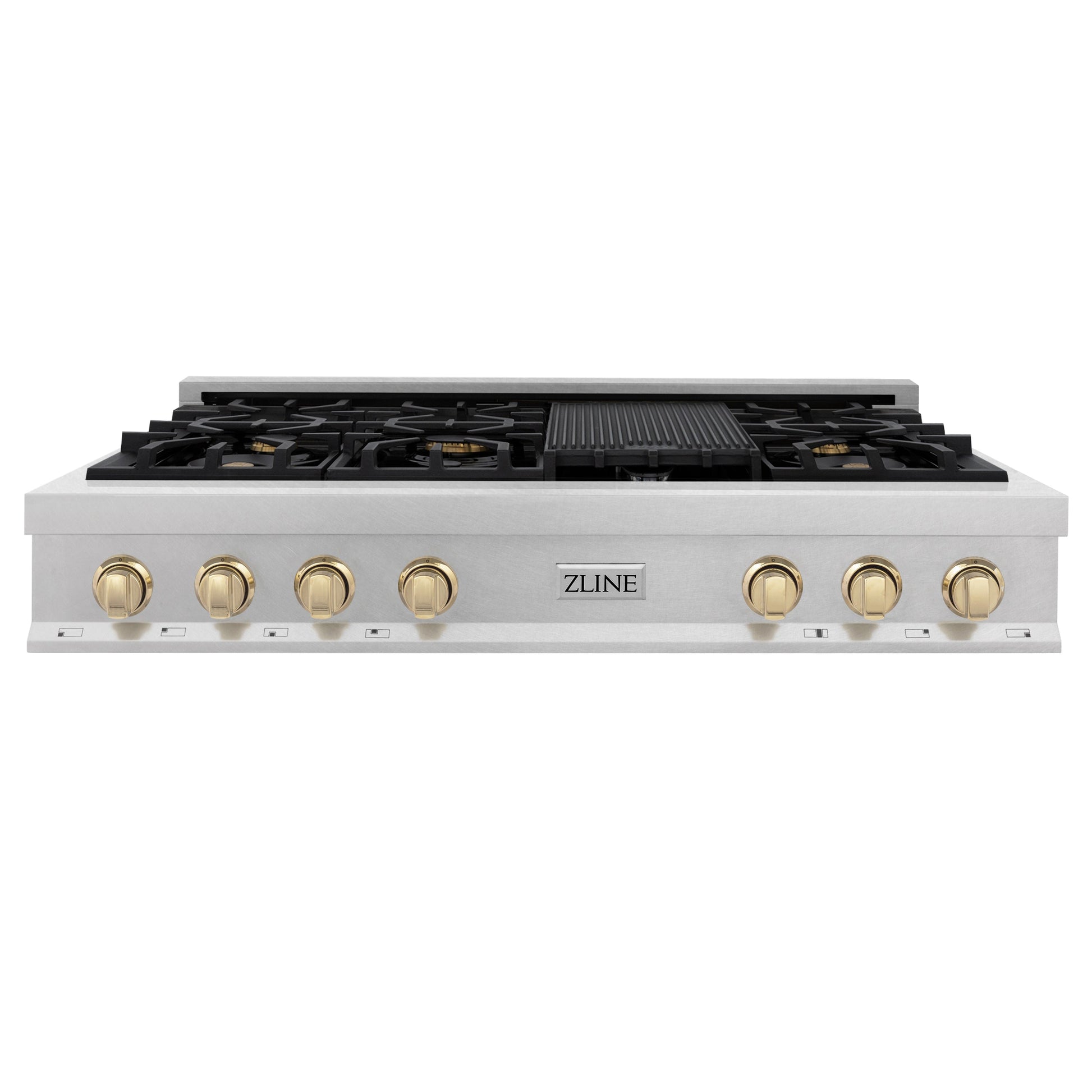 ZLINE Autograph Edition 48" DuraSnow Stainless Steel and Gold Accents Porcelain 7 Burner Rangetop