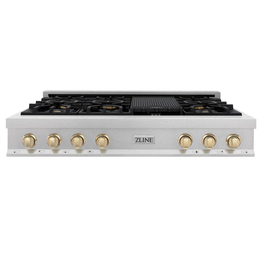 ZLINE Autograph Edition 48" DuraSnow Stainless Steel and Gold Accents Porcelain 7 Burner Rangetop