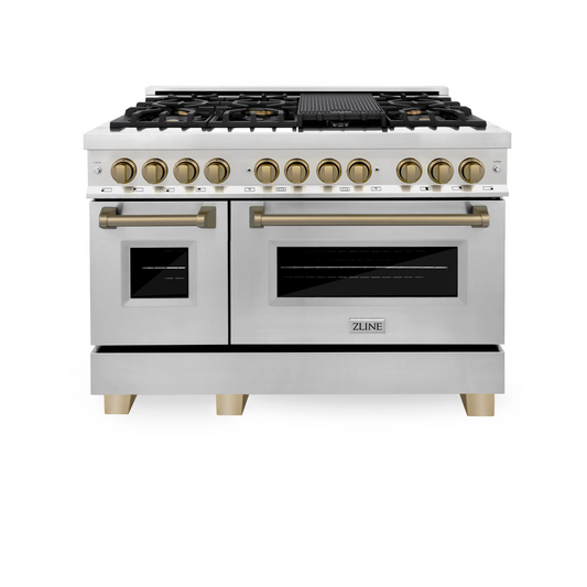 ZLINE Autograph Edition 48" Stainless Steel 7 Burner Dual Fuel Range With Champagne Bronze Accents and 6.0 cu. ft. Electric Oven