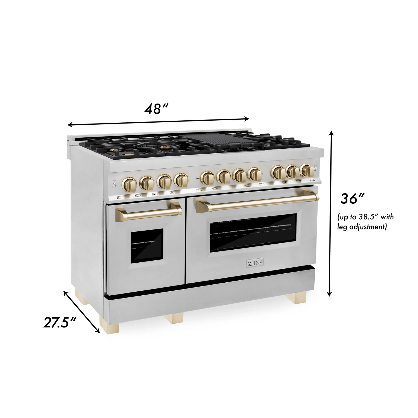 ZLINE Autograph Edition 48" Stainless Steel 7 Burner Dual Fuel Range With Gold Accents and 6.0 cu. ft. Electric Oven